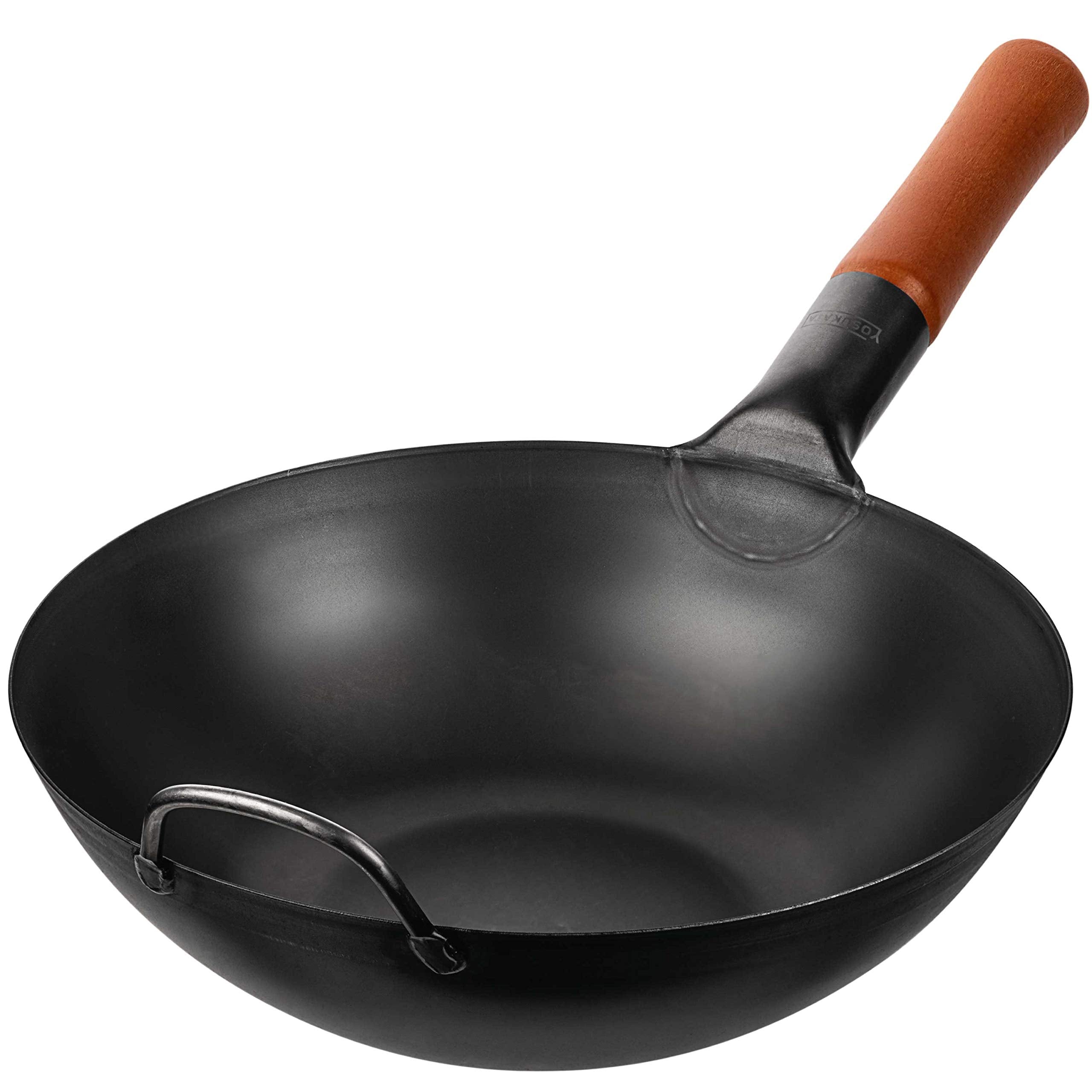 Yosukata Carbon Steel 11.8'' Stir Fry Wok Pan - Pre-Seasoned Chinese Wok With Flat Bottom, Black Wok For Induction Gas Stovetops