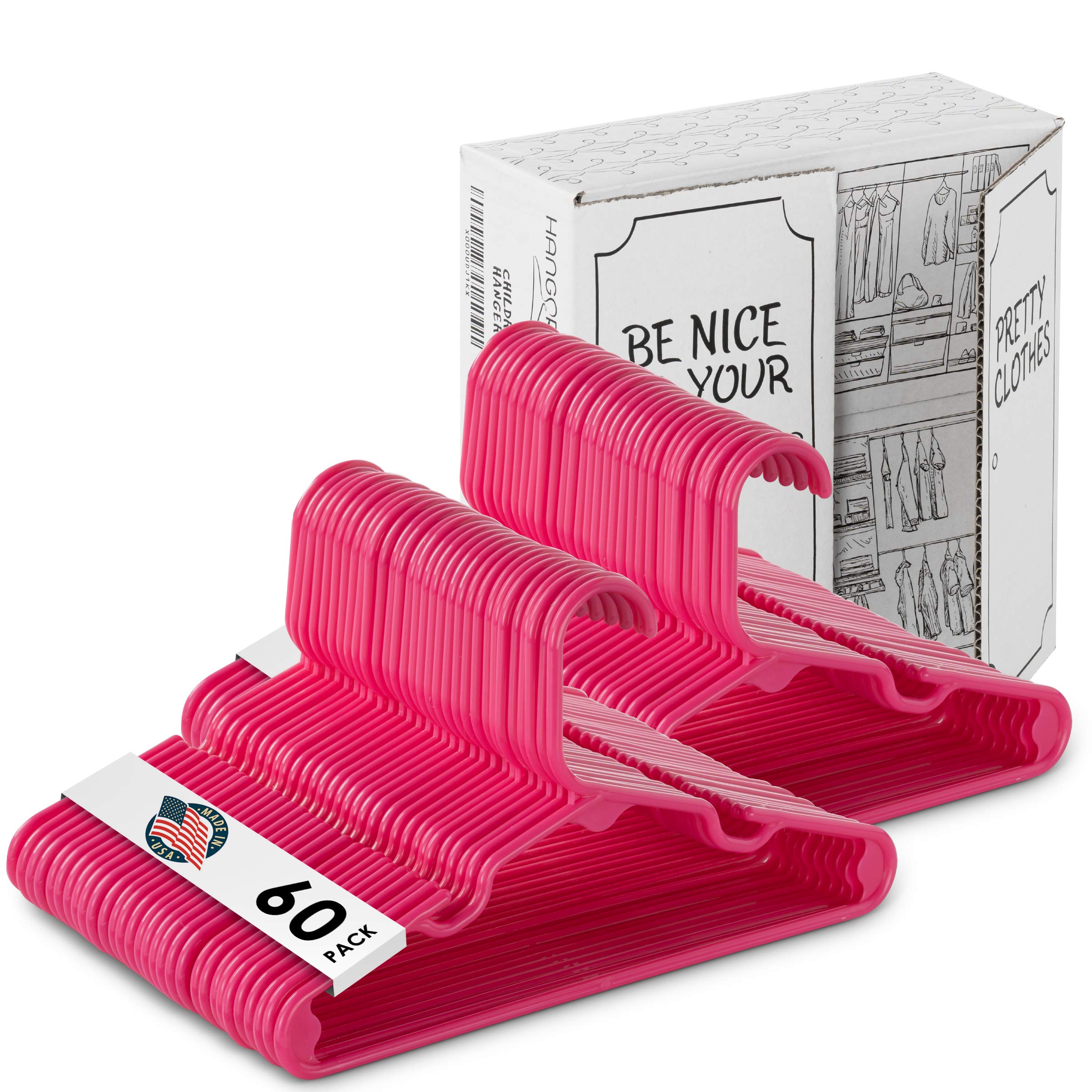 Usa Made 60 Premium Children'S Hangers, Very Durable Heavy Duty Tubular Kids Hangers, Value Pack Of 60 Baby Hangers Hot Pink