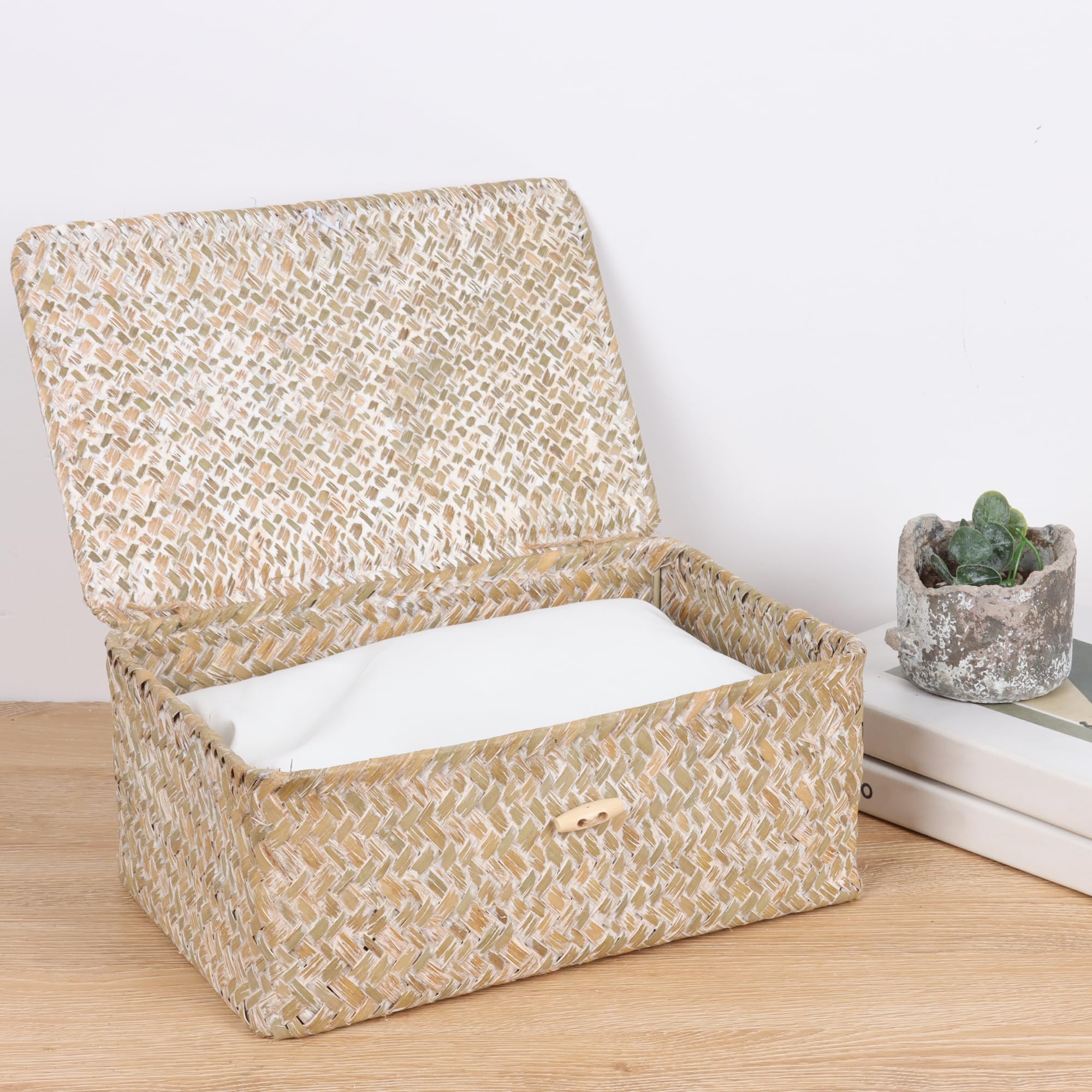 Feialnduo Wicker Shelf Baskets With Lid,Seagrass Storage Basket Bins Rectangular Handwoven Basket Boxes For Shelves Desktop Home