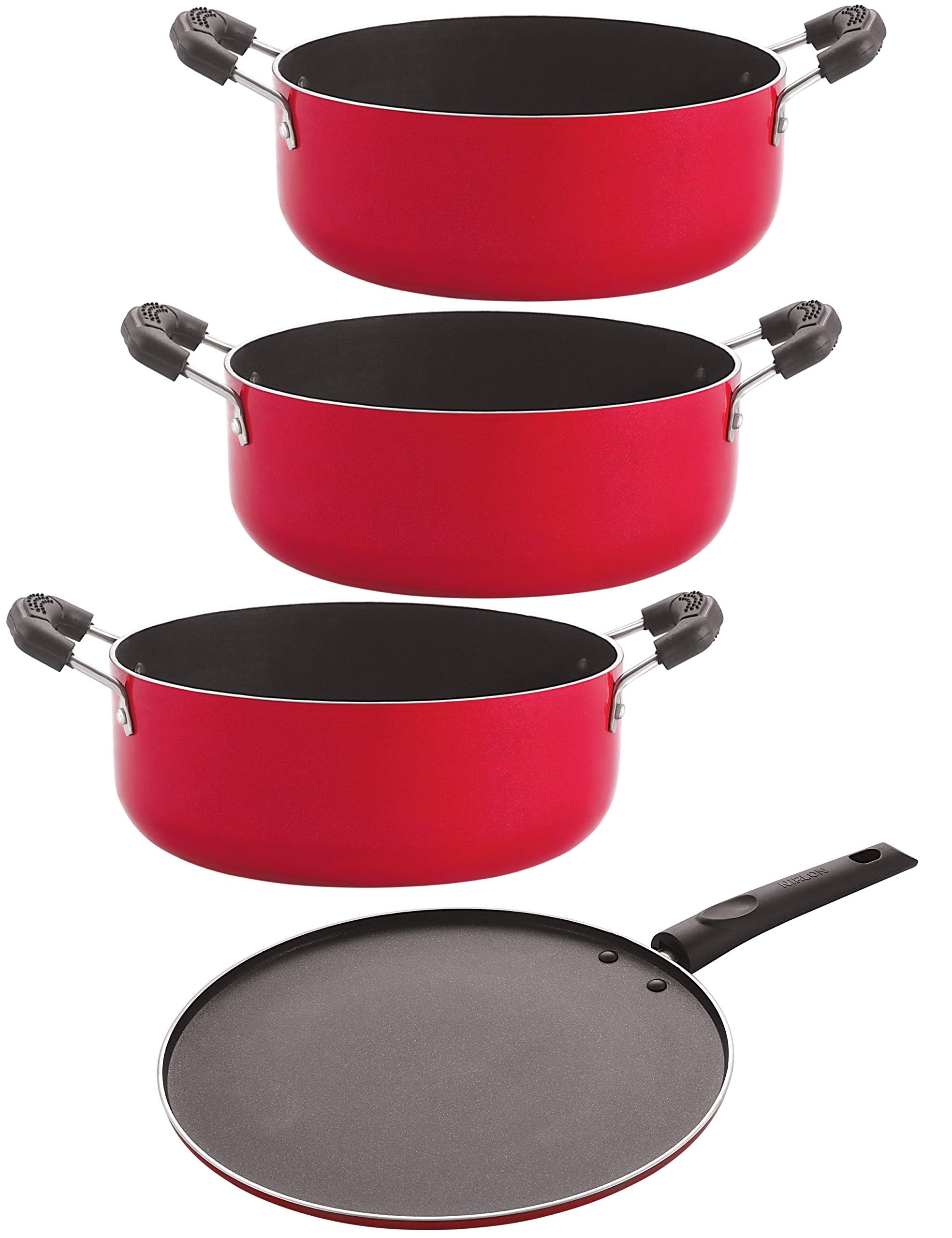 Nirlon NonStick Casserole Casserole Smart Tawa Casserole Aluminium Cookware Set, 4Pieces, Red/Black(Cs20_Cs22_St11_Cs24)