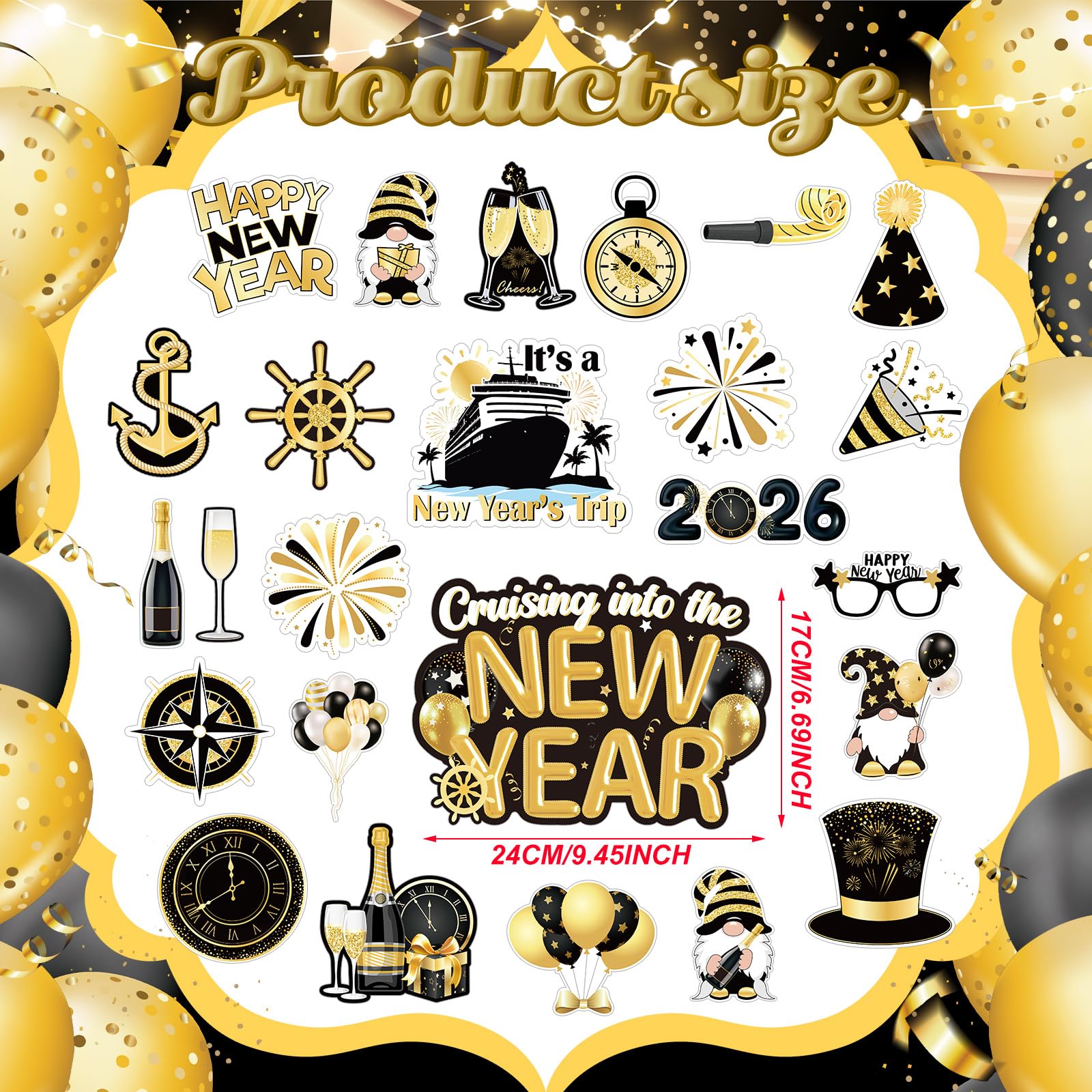 Xuhal 23 Pcs New Year Cruise Door Magnet Gold Black New Year Refrigerator Magnets Gnome Balloon Fridge Magnetic Stickers Garage