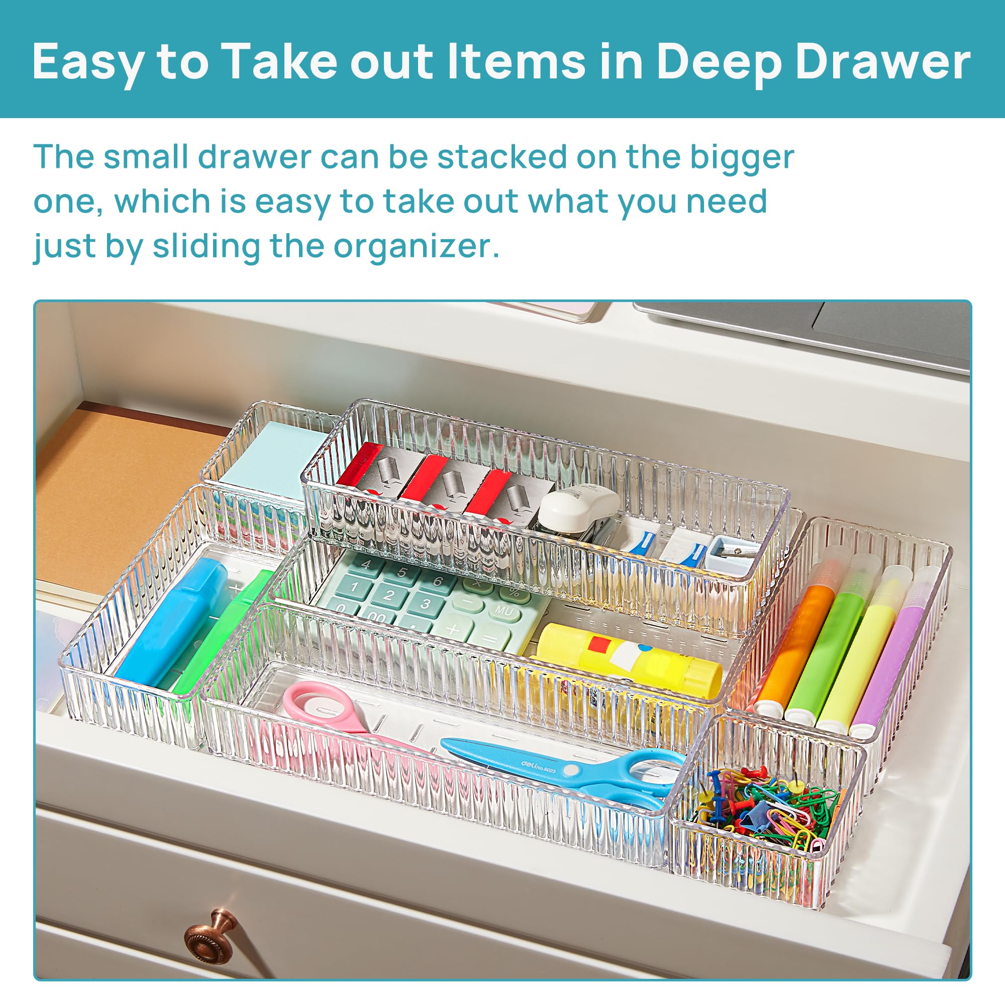 Vtopmart 7 PCS Clear Drawer Organizers Bins, 4-Size Stackable Makeup and Vanity Drawer Organizer Trays, Acrylic Bathroom Drawer