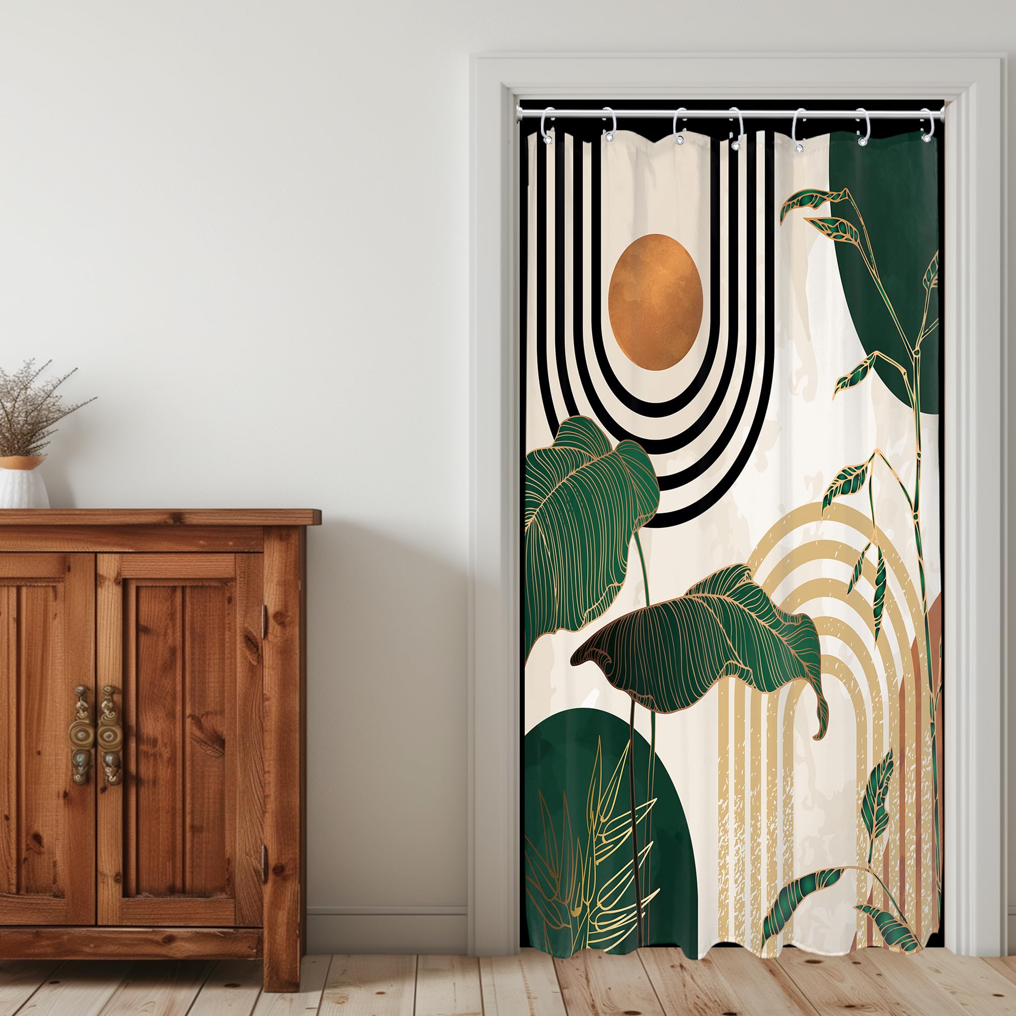 Glawry Small Stall Green Boho Mid Century Shower Curtain Abstract Retro Tropical Palm Tree Plant Sun Arch Minimalist Bathroom Mo