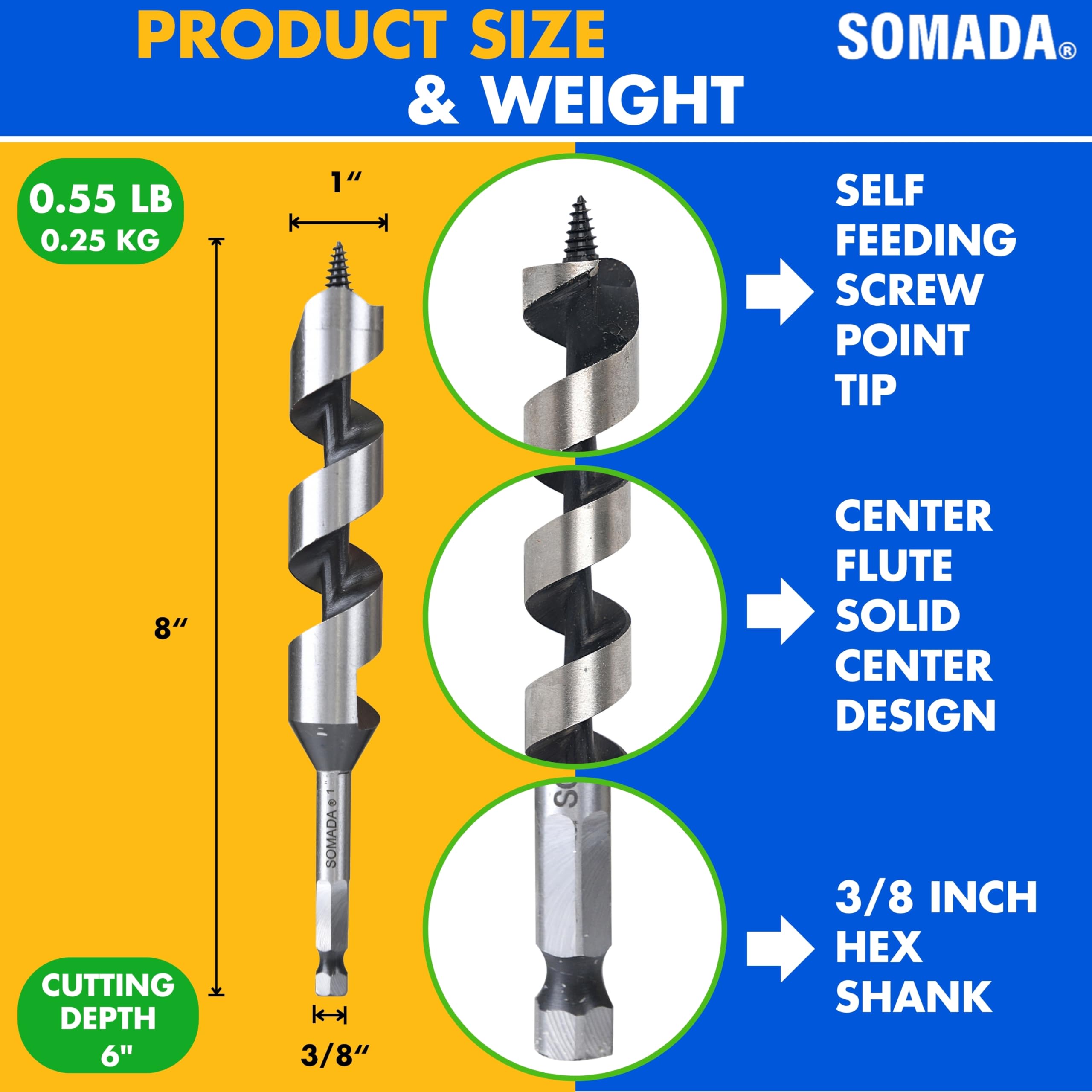 Somada 1-Inch X 8-Inch Auger Drill Bit For Wood, Hex Shank 716-Inch, Ship Auger Long Drill Bit For Soft And Hard Wood, Plastic,