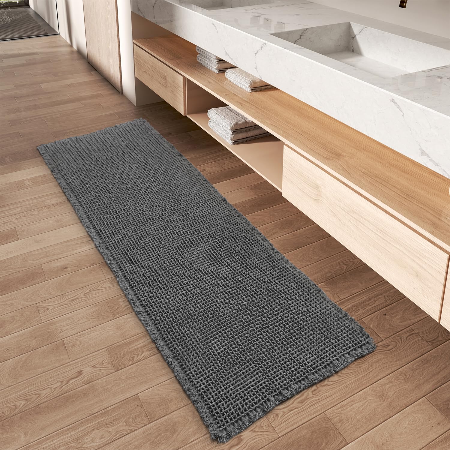 AMOAMI Upgraded Waffle Runner Rug Super Absorbent Non Slip Bath Mats for Bathroom Floor Machine Washable Bathroom Runner Rug wit