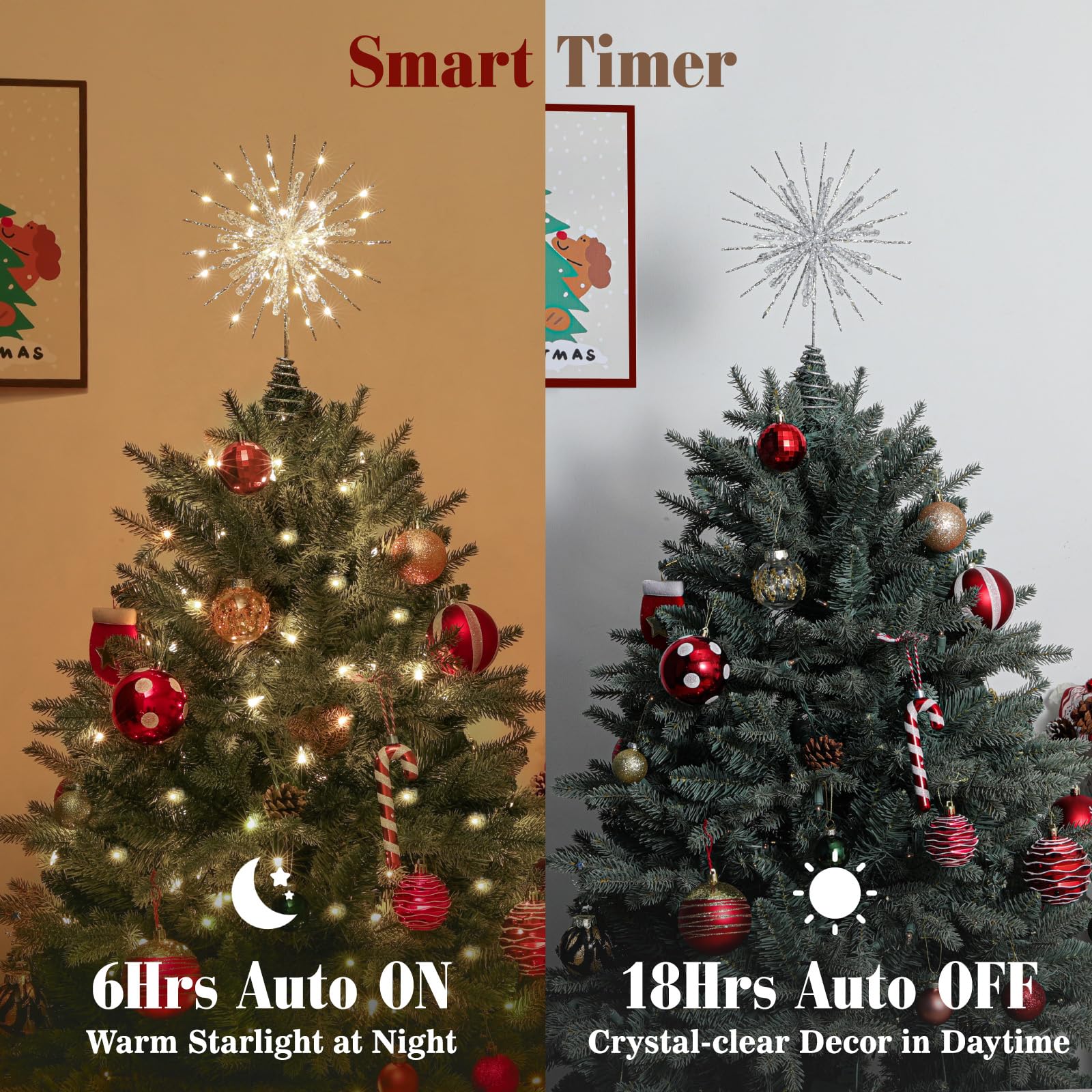 Lewondr Christmas Snowflake Tree Topper, 12.2in Xmas Tree Topper with Glittered Epoxy & 30 LED Bulbs, Remote&USB Powered Snowfla