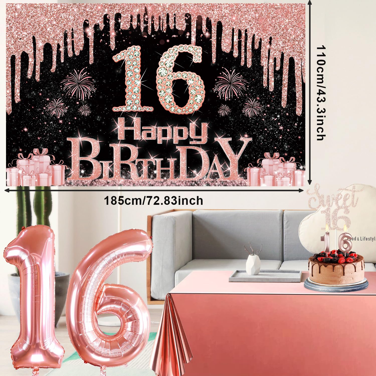 Sweet 16 Birthday Decorations For Girls, Including 16Th Birthday Banner, Rose Gold Tablecloth, Number Balloons, Sash And Tiara,