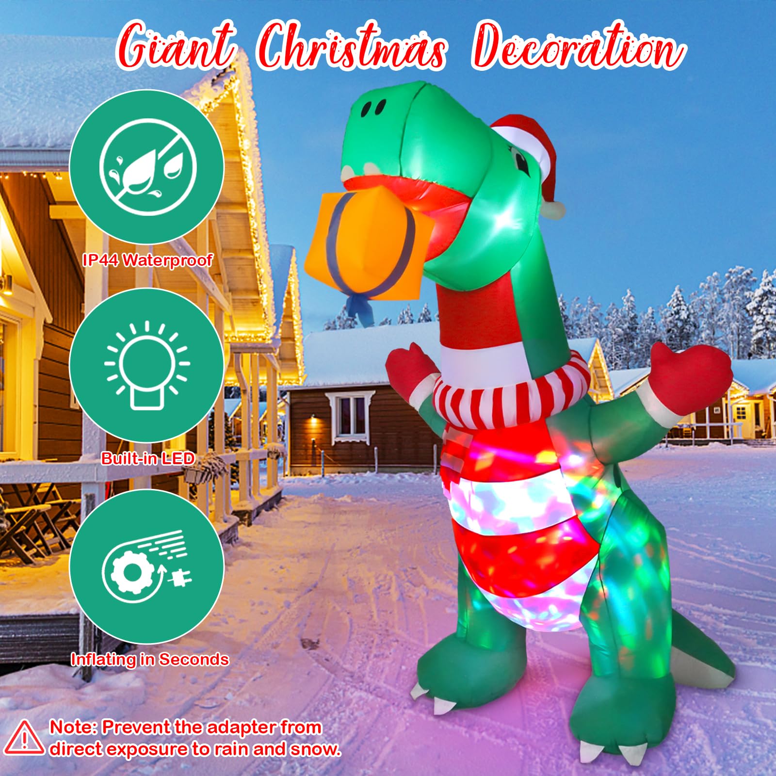 8FT Christmas Inflatables Outdoor Decorations, Blow Up Yard Dinosaur Decoration with Christmas Hat & Gift Box, Built-in LED Ligh