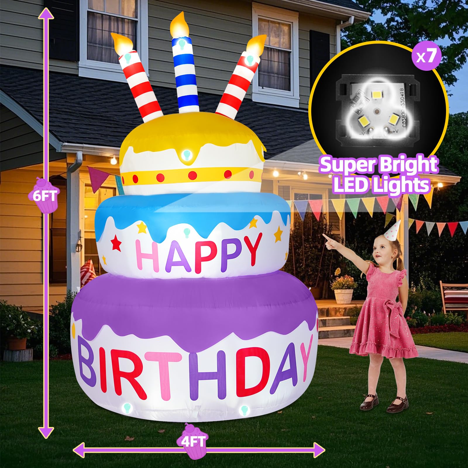 B&D 6FT Happy Birthday Cake Inflatable with 180 Rotation, 3-Color Yellow Blue Purple Tiered Cake with Sparkling LED Lights, Blow