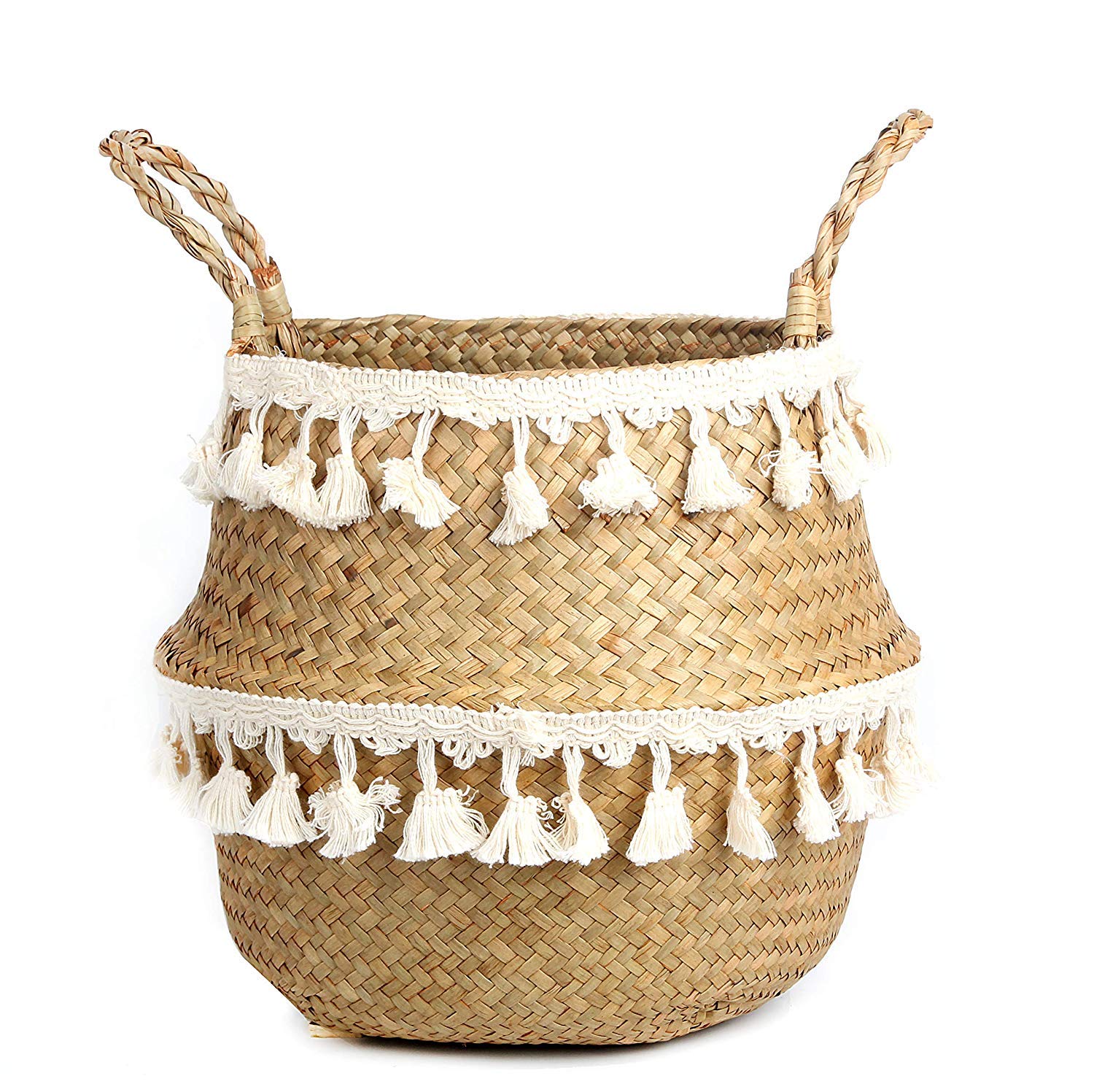 Bluemake Tassel Macrame Woven Seagrass Belly Basket For Storage, Decoration, Laundry, Picnic, Plant Basin Cover, Groceries And T
