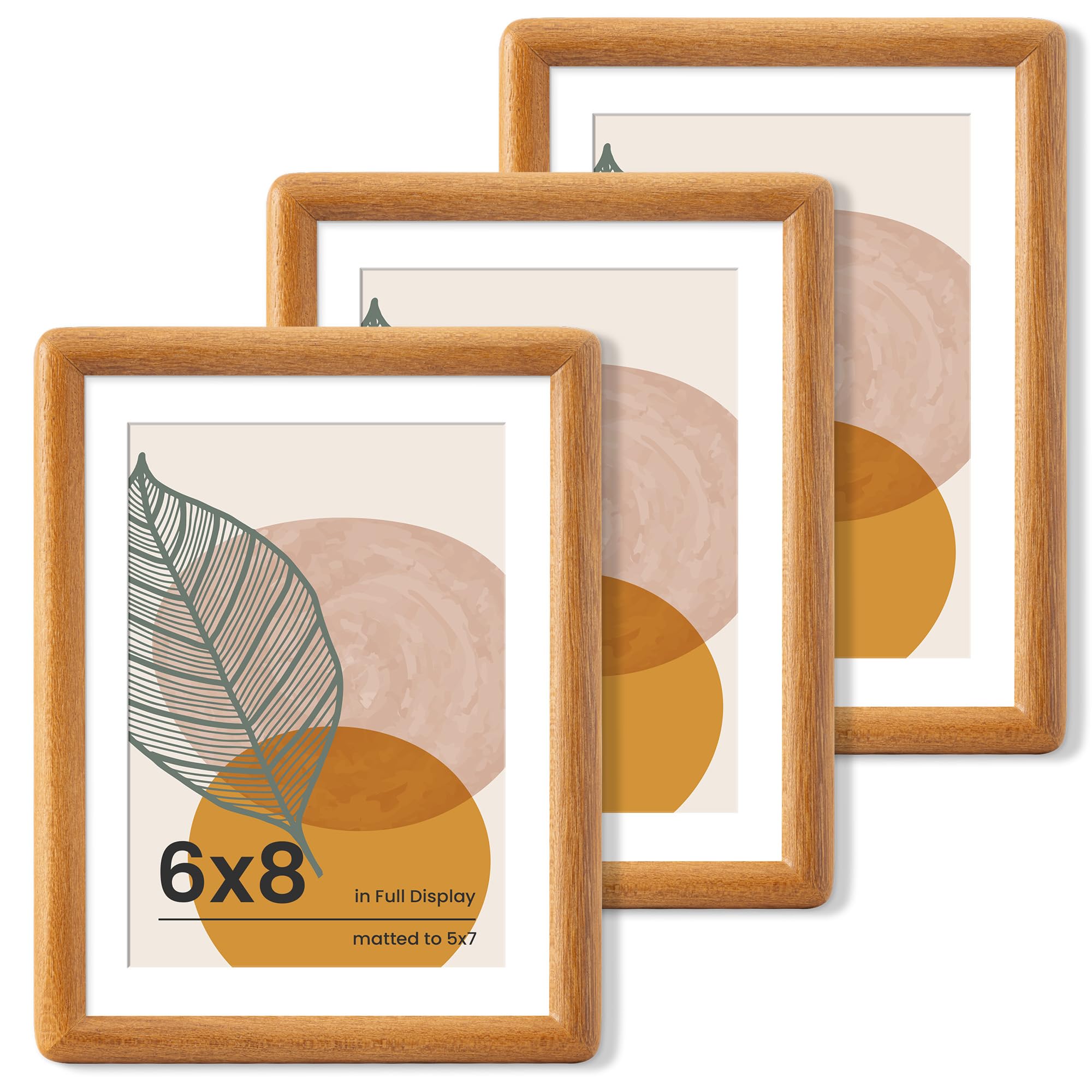 Axeman 6x8 Picture Frame Set of 3 - Solid Teak Wood Frame With Mat for 5x7 - Rounded Corner 6x8 Frame with Tempered Glass for Ta