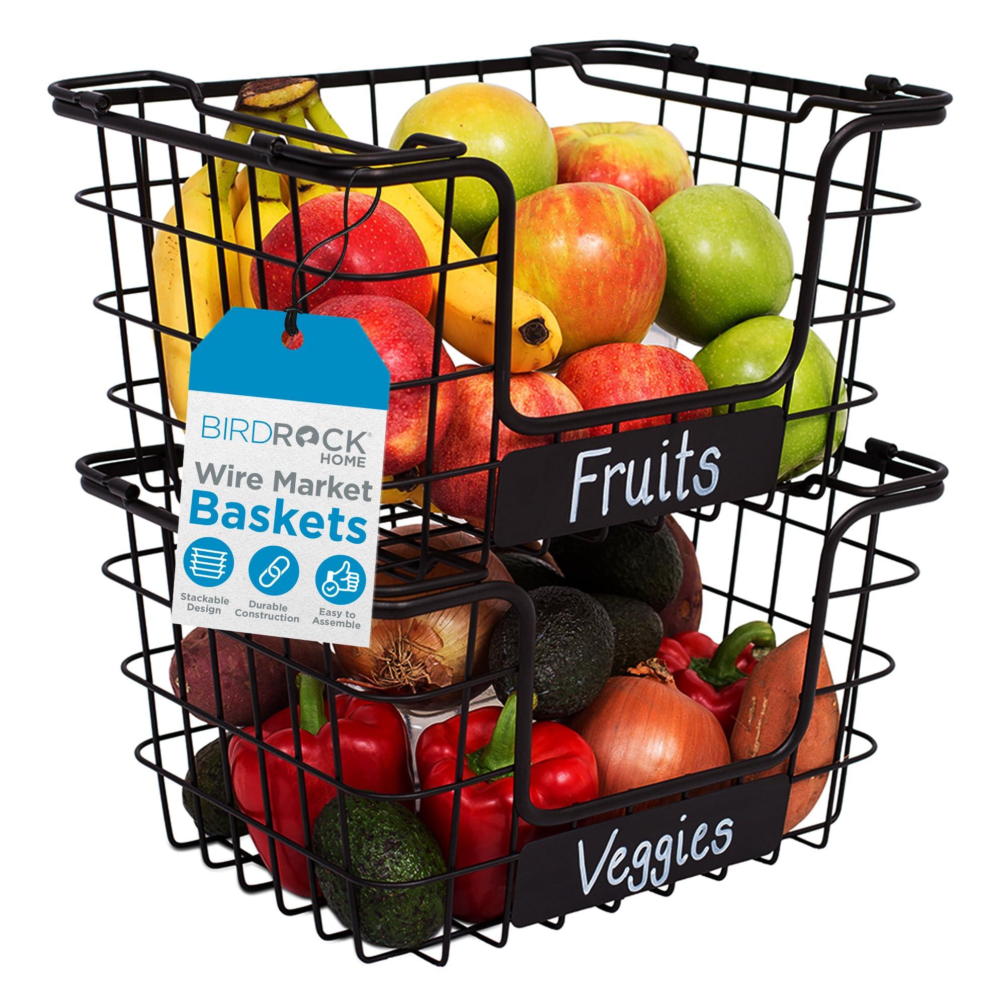 Birdrock Home Stacking Wire Market Basket W/Chalk Label - Metal Storage Bin - Kitchen Counter, Pantry Cabinet, Shelves | Fruit,