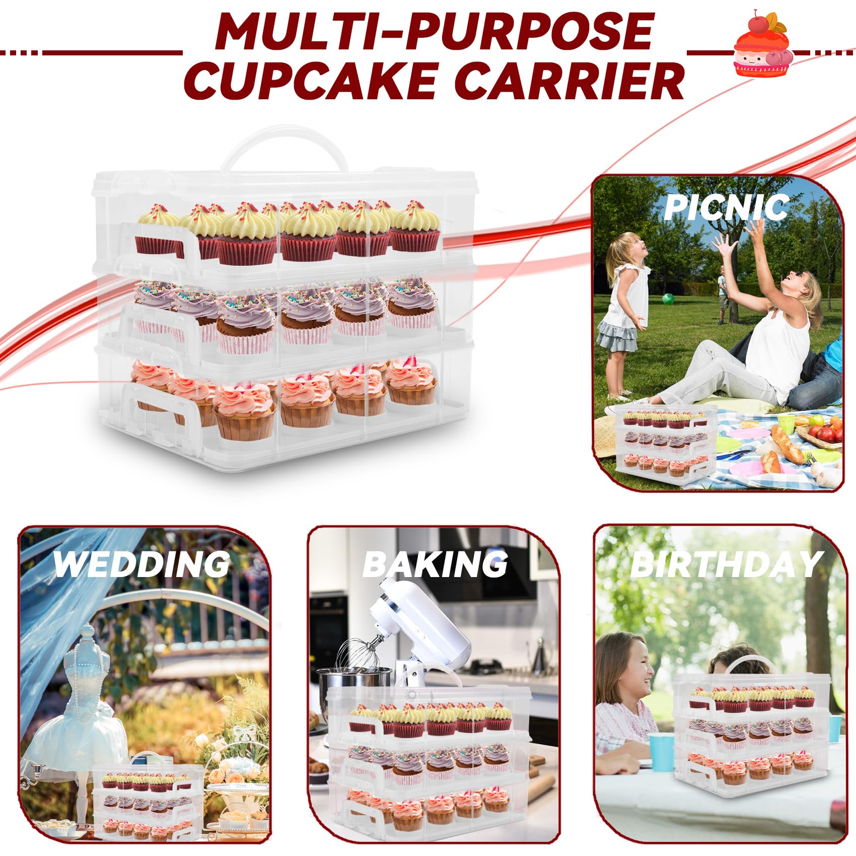 Lepump Cupcake Carrier, 3-Tiers Cupcake Containers, Holds 36 Cupcakes Or 3 Large Cakes, Cupcake Holder, Cupcake Box With Lid And