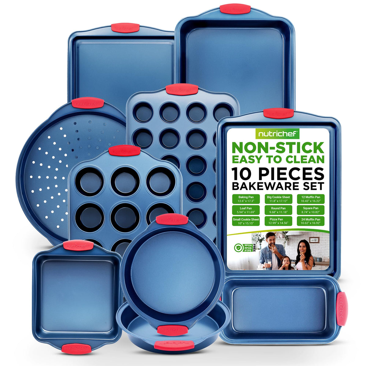 Nutrichef 10-Piece Nonstick Bakeware Set - Premium Carbon Steel Baking Pans W/Silicone Handles - Includes Pizza Tray, 12 & 24 Cu