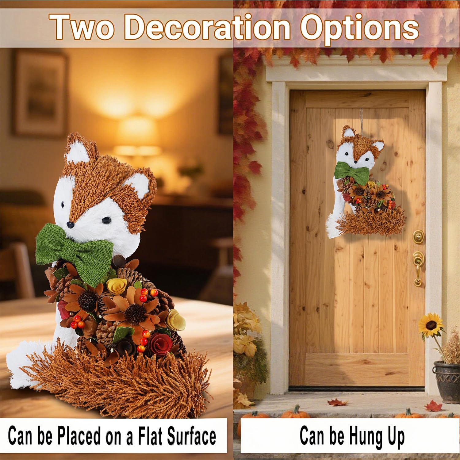Glintoper Fall Wreath for Front Door, 14 Thanksgiving Straw Fox Figurine with Woodchip Pinecone, Hanging Harvest Autumn Gifts, T
