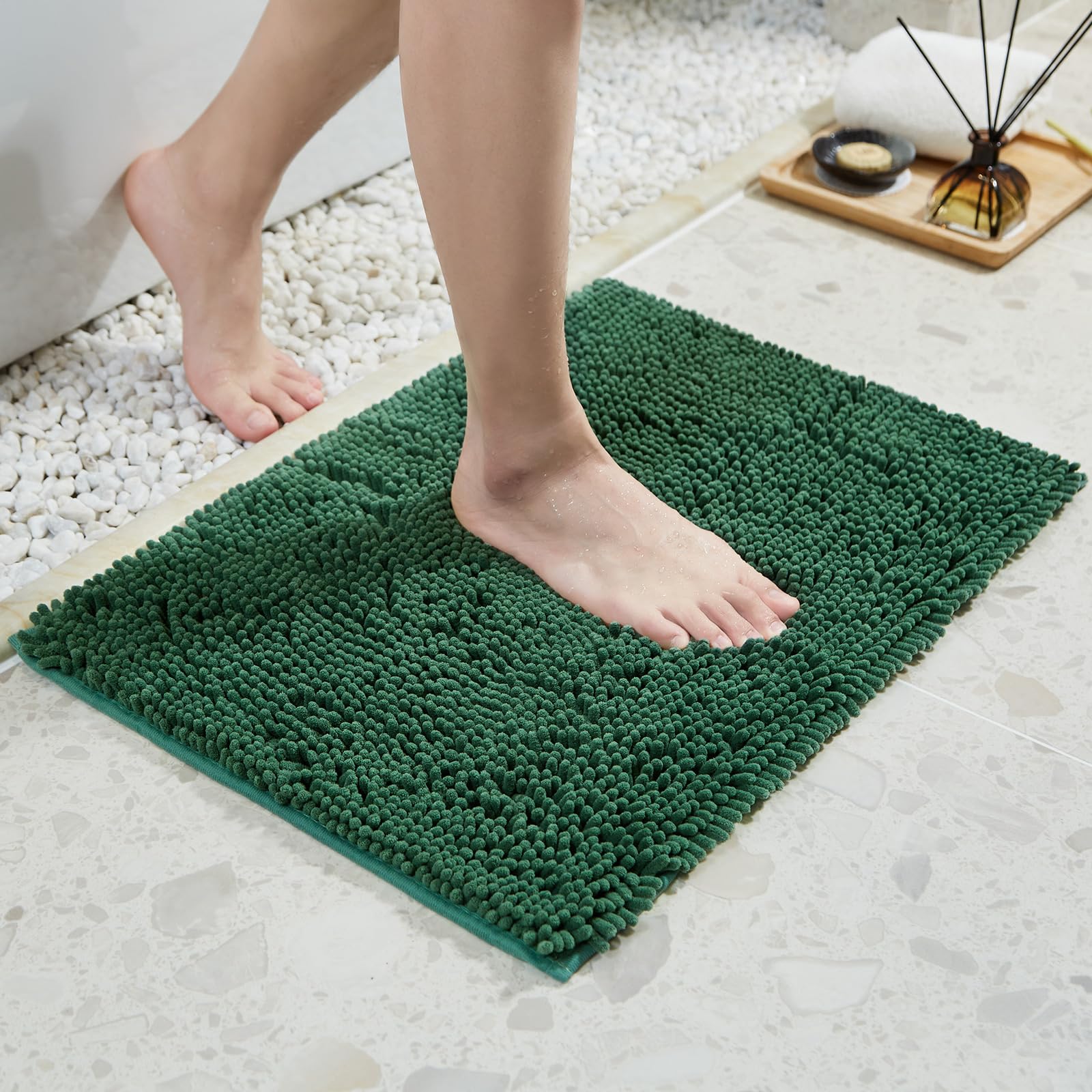 Techmilly Soft Fluffy Chenille Bathroom Rugs, Non Slip Absorbent Bath Mats For Bathroom, Washable And Quick Dry, Green, 17'' X 2