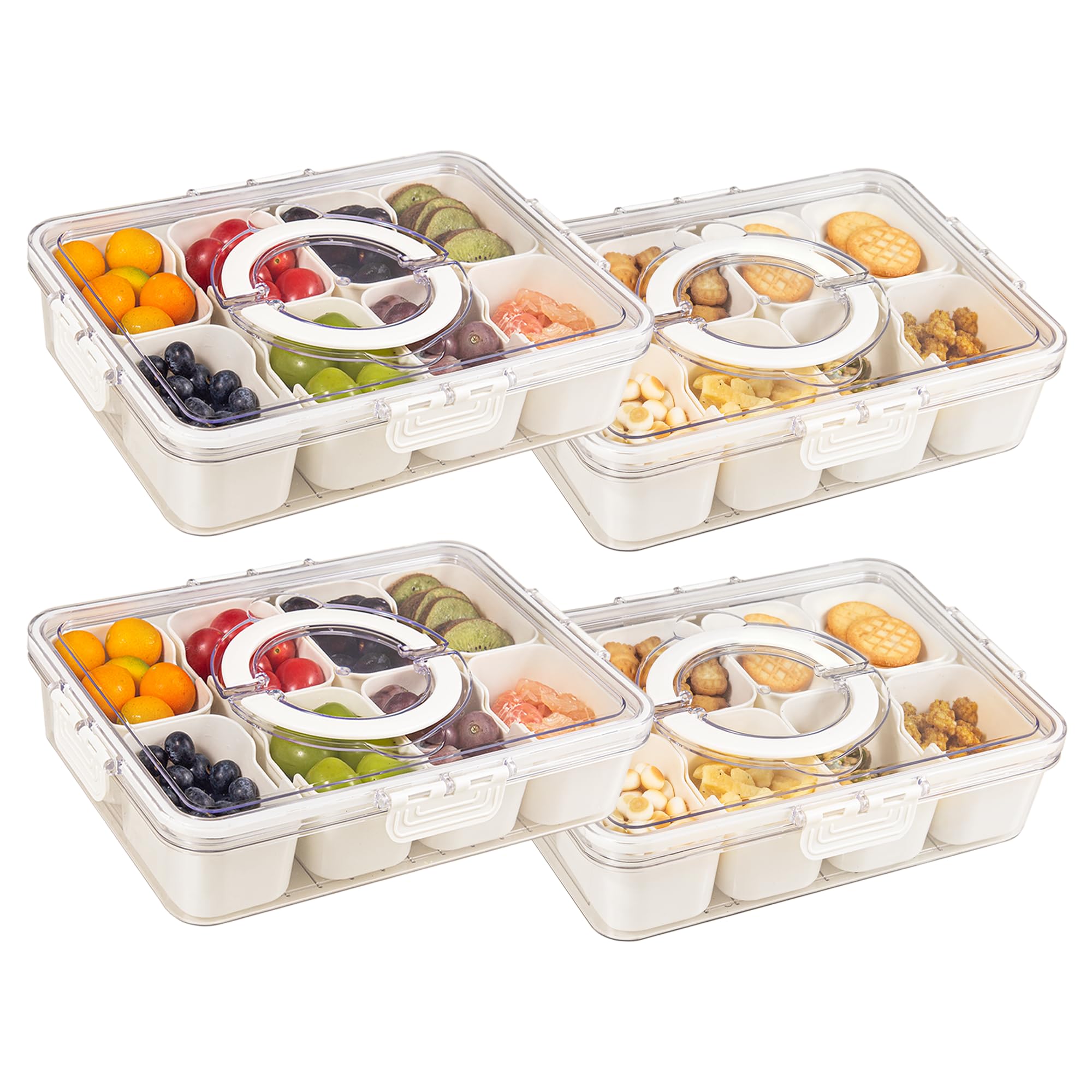 Zaboro 4 Packs Snackle Box Container with 8 Compartments, Clear Divided Serving Tray with Lid and Handle, Snack Bento Box for Ch
