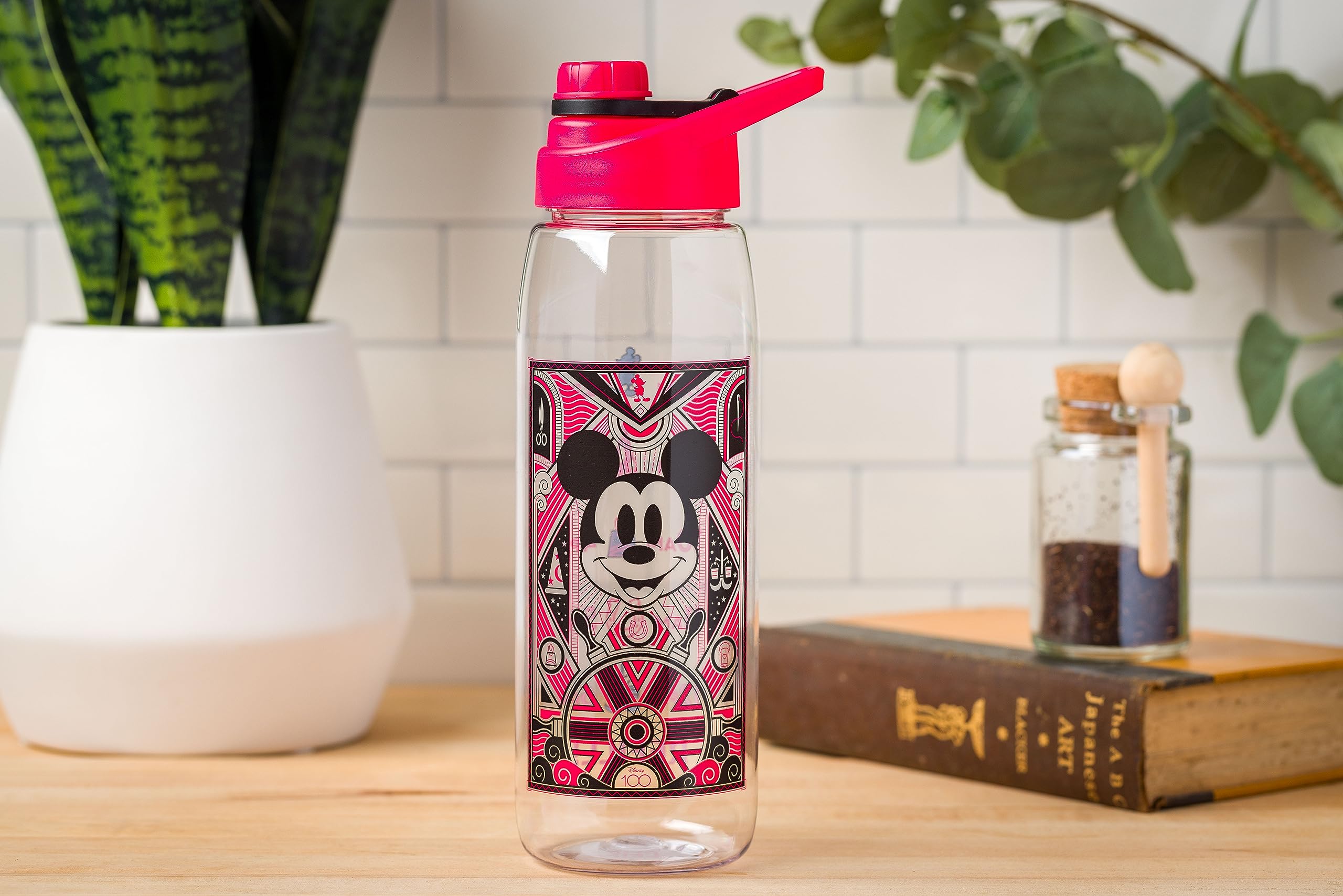 Silver Buffalo Disney 100 Mickey Mouse Hydration Tracker Schedule Water Bottle With Screw-On Lid, 28 Ounces