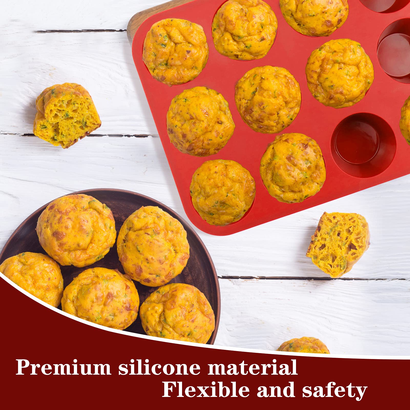 Vodolo 12-Cup Silicone Popover Pans, Non-Stick for Muffins & Brownies, Cherry Red