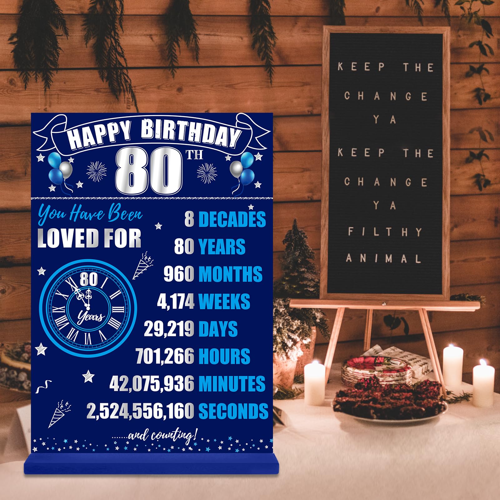 80th Birthday Decorations Back in 1945 Table Sign for Men, Blue Silver 80 Birthday Two-Sided Wooden Table Poster with Stand Part