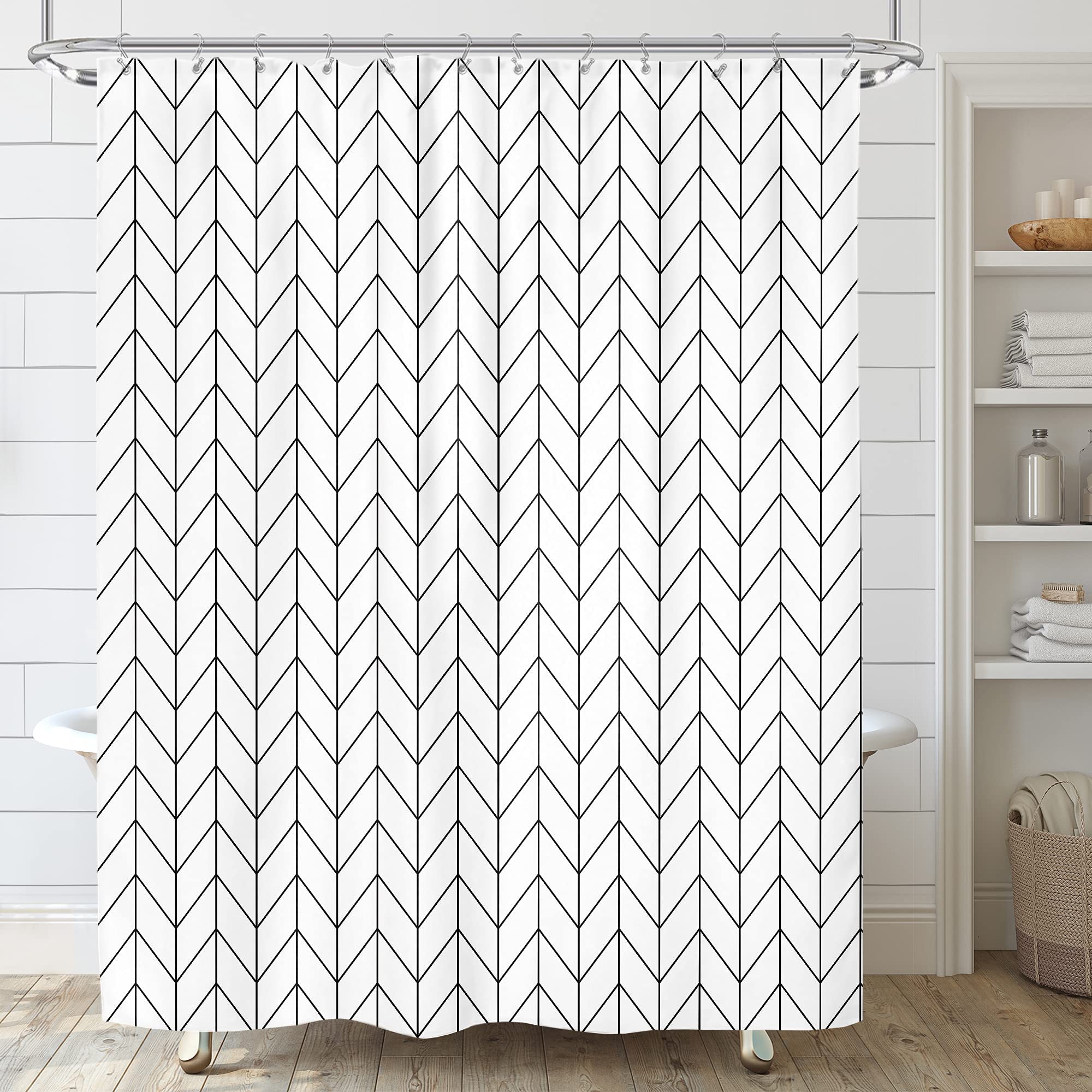 Riyidecor Chevron Shower Curtain Geometric Herringbone 72Wx96H Inch Striped Extra Long Simple Modern Classy Neutral Contemporary 12 Pack Metal Hooks Decor Fabric Bathroom Set Polyester Waterproof