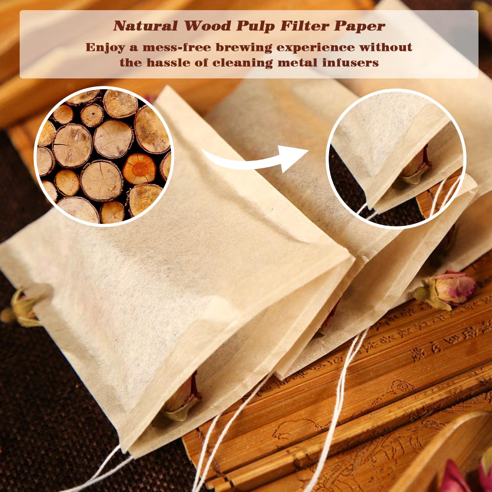 Nepak 200Pcs Tea Filter Bags For Loose Tea,3.15 X 3.94 Inch Disposable Tea Infuser,Empty Tea Bags With Drawstring,Natural Wood P