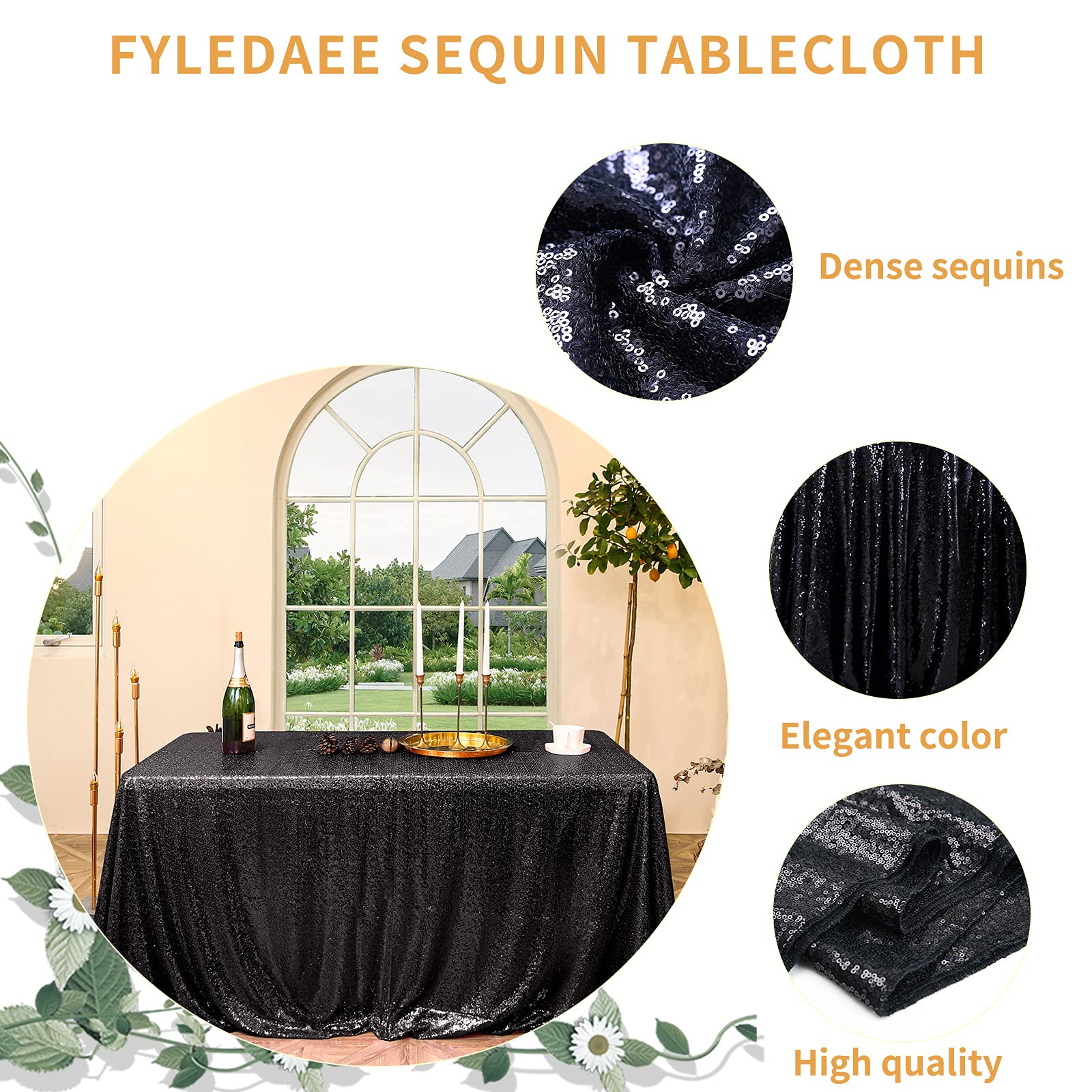 FYLEDAEE Black Halloween Sequin Tablecloths for Parties,Rectangle 60 X 102 inch Glitter Shiny Table Cover for Banquet Festival W