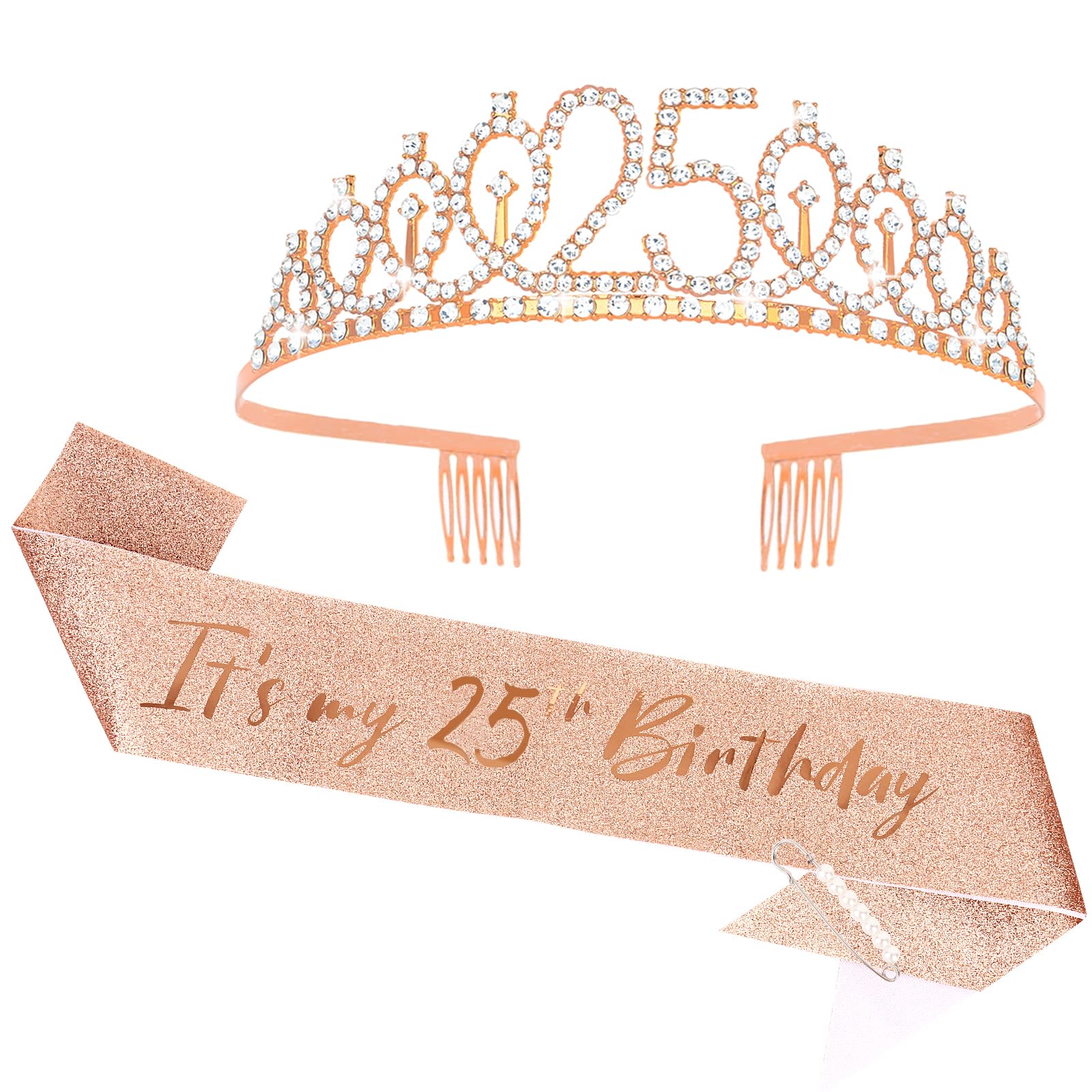 Casoty Rose Gold 25th Birthday Sash and Tiara for Women, 25th Birthday Party Decorations for Women, Crown and Sash Set, Gifts fo