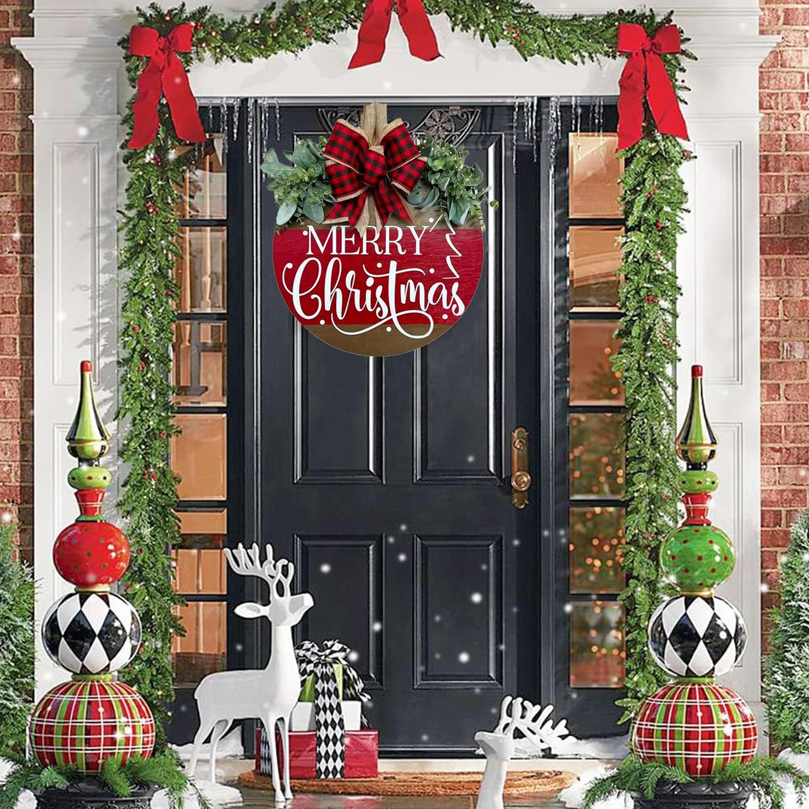 Merry Christmas Wreath Hanging Sign for Front Door, Wooden Welcome Wreaths Sign with Bow for Holiday Rustic Farmhouse Outdoor Wa