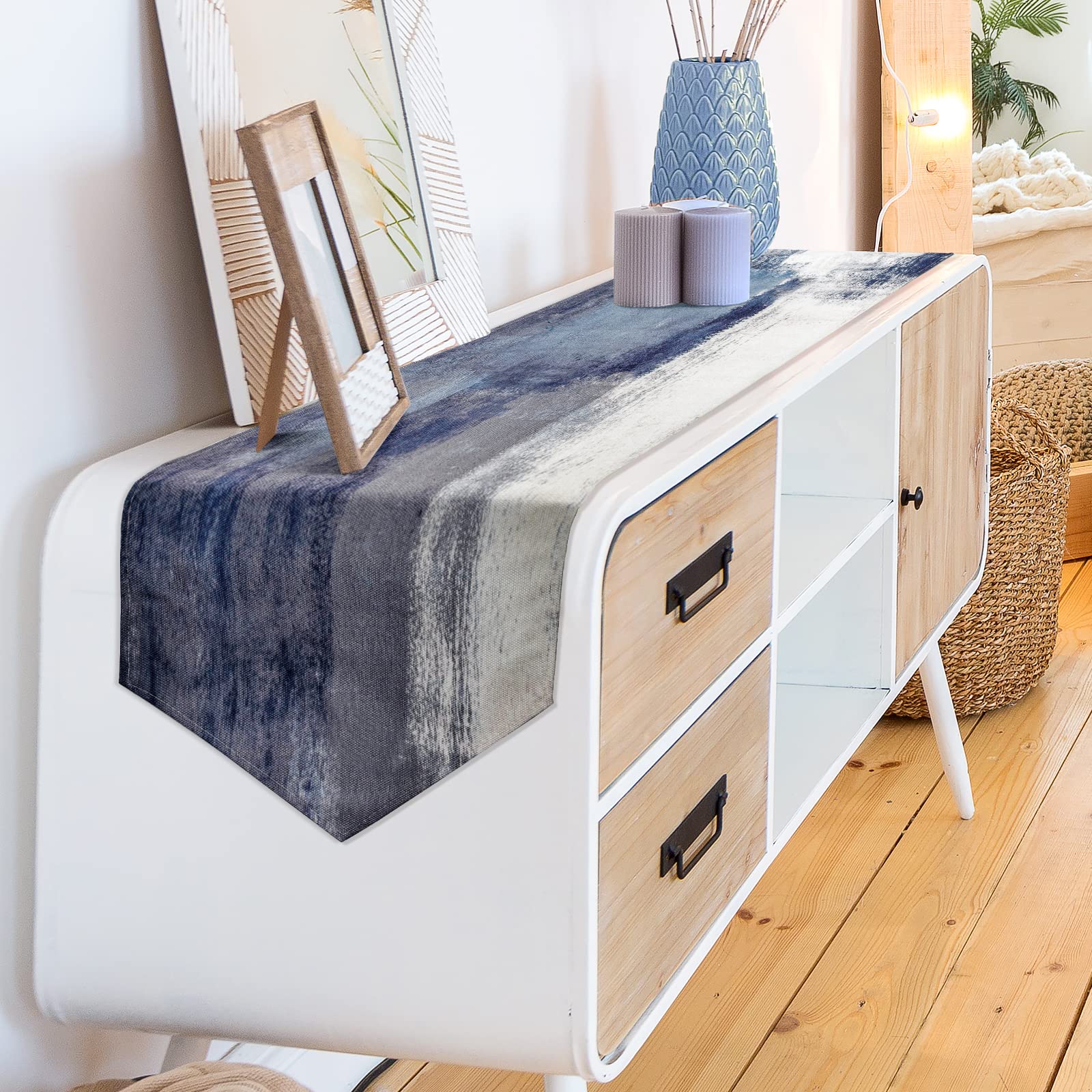 Blue And Grey Table Runner,Blue Abstract Modern Art Burlap Table Runners For Table Dresser Runner Farmhouse Style For Dinner Par