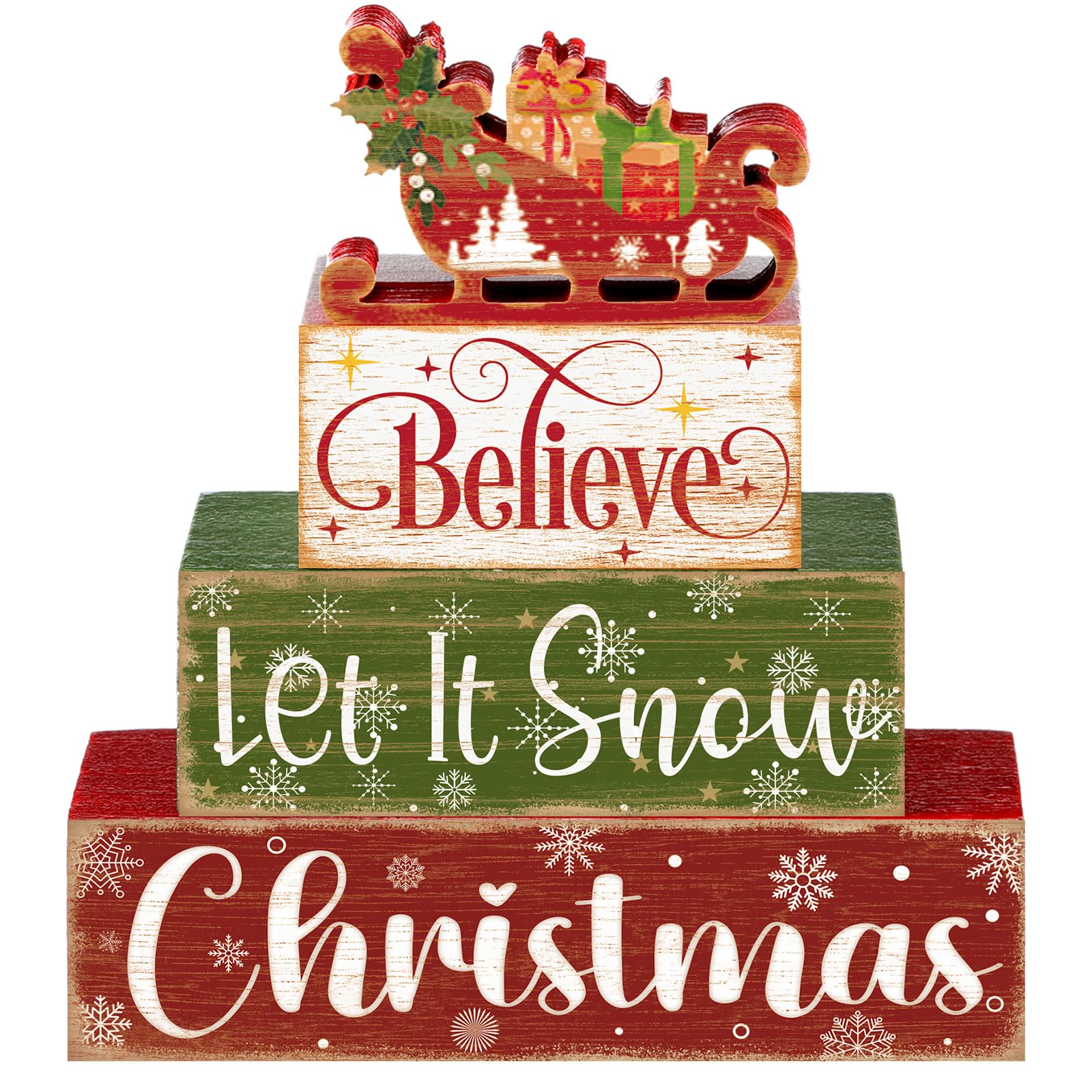 Moucuny 4 Pcs Christmas Sled Table Decor Wooden Block Sign Christmas Tiered Tray Decor Believe Let It Snow Christmas Wood Decor 