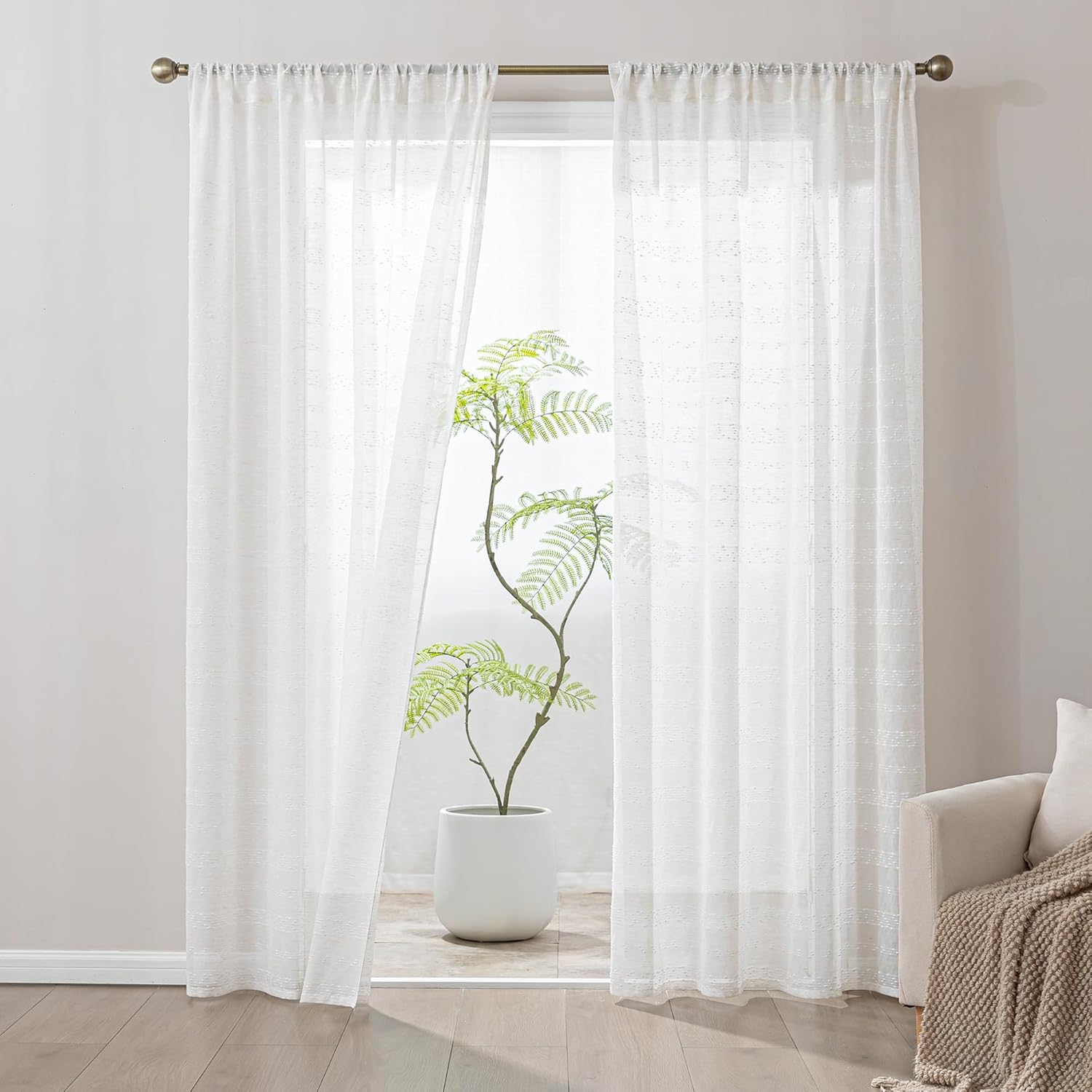 White Farmhouse Washable Semi Sheer Curtains for Living Room & Bedroom