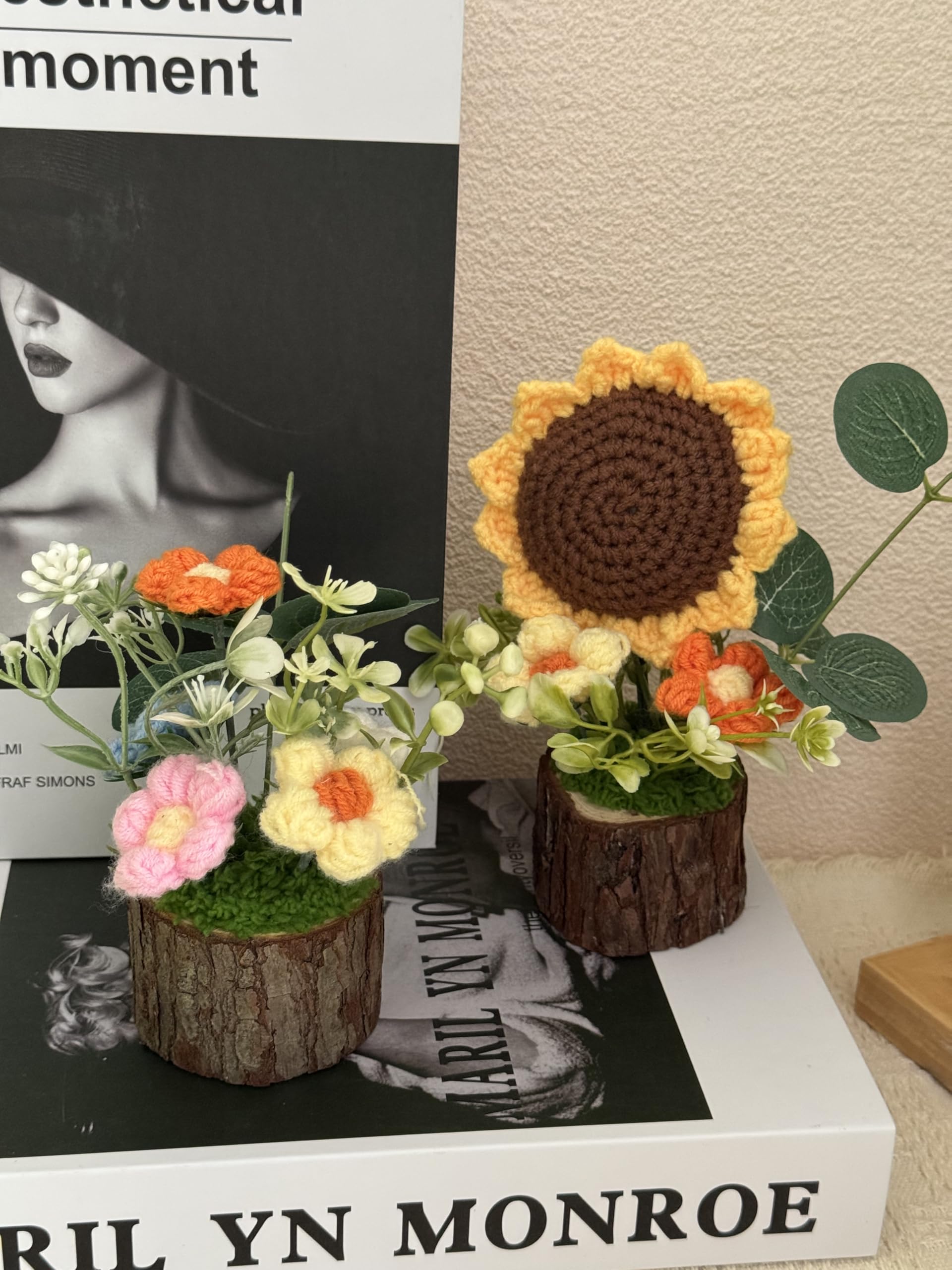 Tileafry Handmade Crochet Knitted Puff Flowers Bouquet Creative Knitted Potted Plant Mini Cute Home Desktop Decorations and Gift