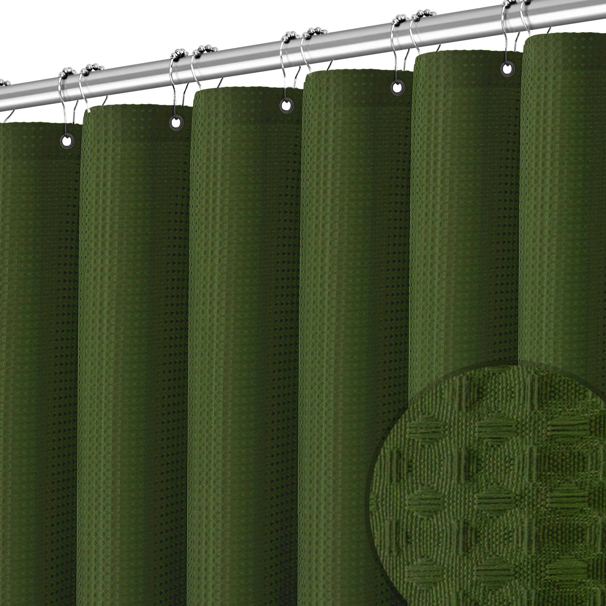Pangsinne Deep Green Shower Curtain - Waffle Weave Fabric Heavy Duty Shower Curtain For Bathroom, Water Repellent Weighted 256Gs