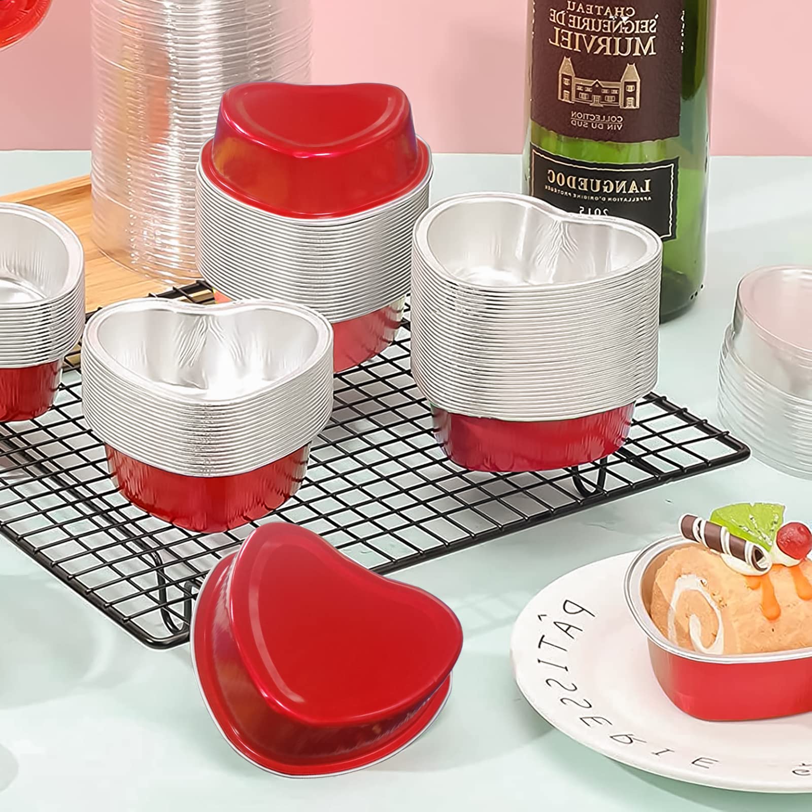 BLVRYVIO Heart Shaped Cake Pans for Baking with Red Petals  50 Sets Aluminum Cupcake Cups with Lids  100 ml/ 3.5 Ounces Red Disposable Mini Foil Pans for Valentine's Day Wedding Parties