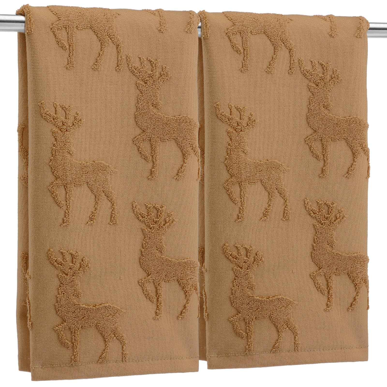 Breling 2 Pcs Christmas Hand Towels Brown Reindeer Bathroom Decorative Towels 100% Cotton Absorbent Jacquard Weave Bath Decor Wi