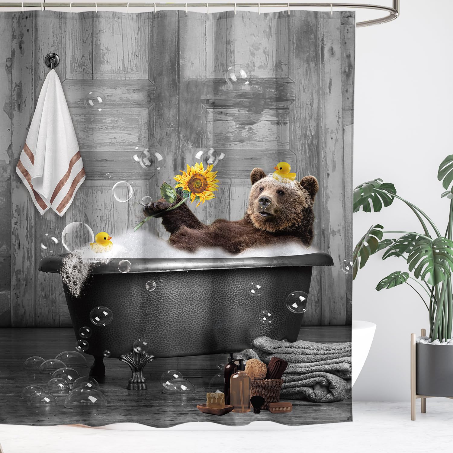 Yookeb Bear Funny Bathroom Shower Curtain 60W By 71H Inch Farmhouse Wood Wooden Vintage Rustic Farmhouse Cabin Animal Polyester