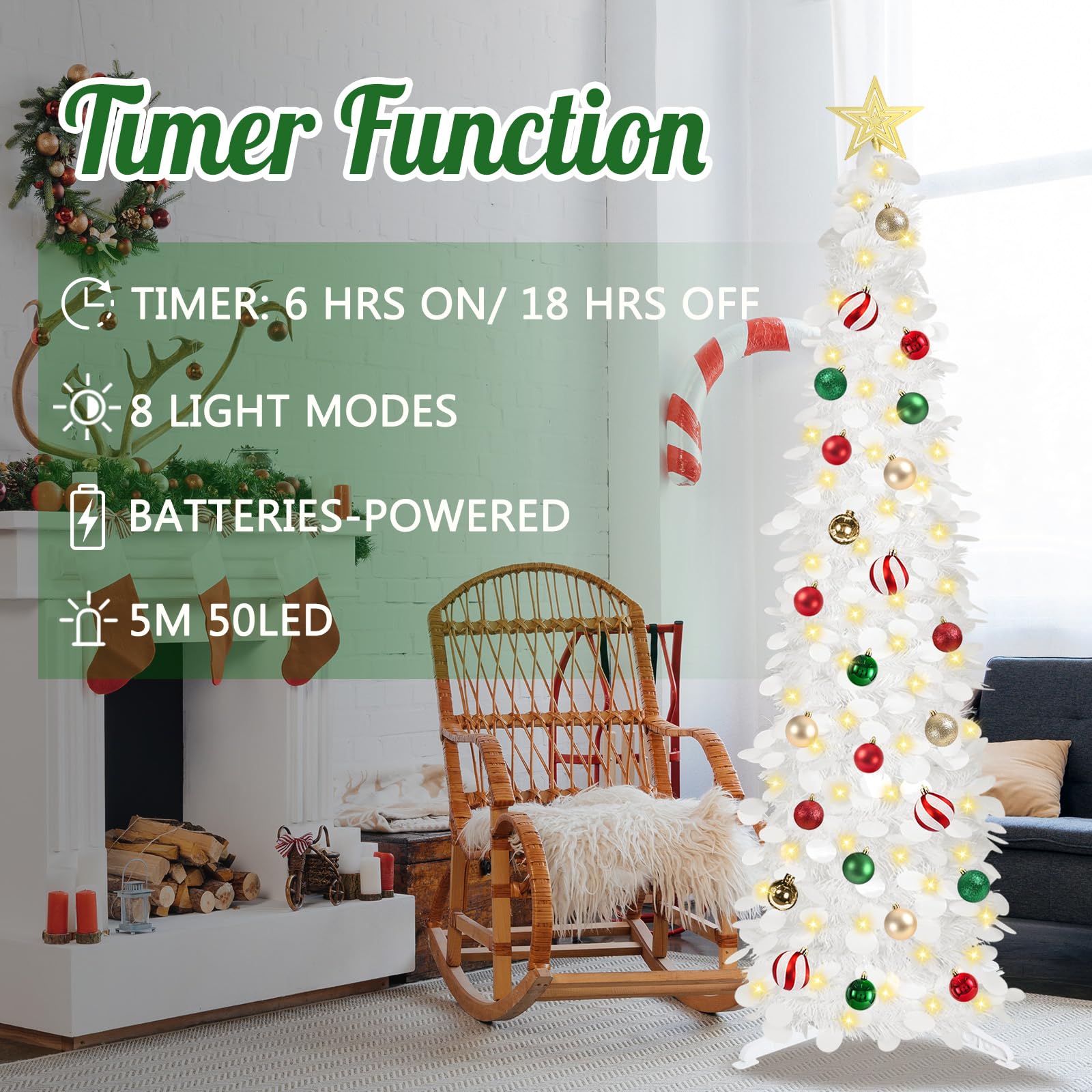 SINTENILL 5 FT Pop Up Christmas Tree with Timer Lights and Decorations, White Artificial Tinsel Christmas Tree with 24 Ball Orna