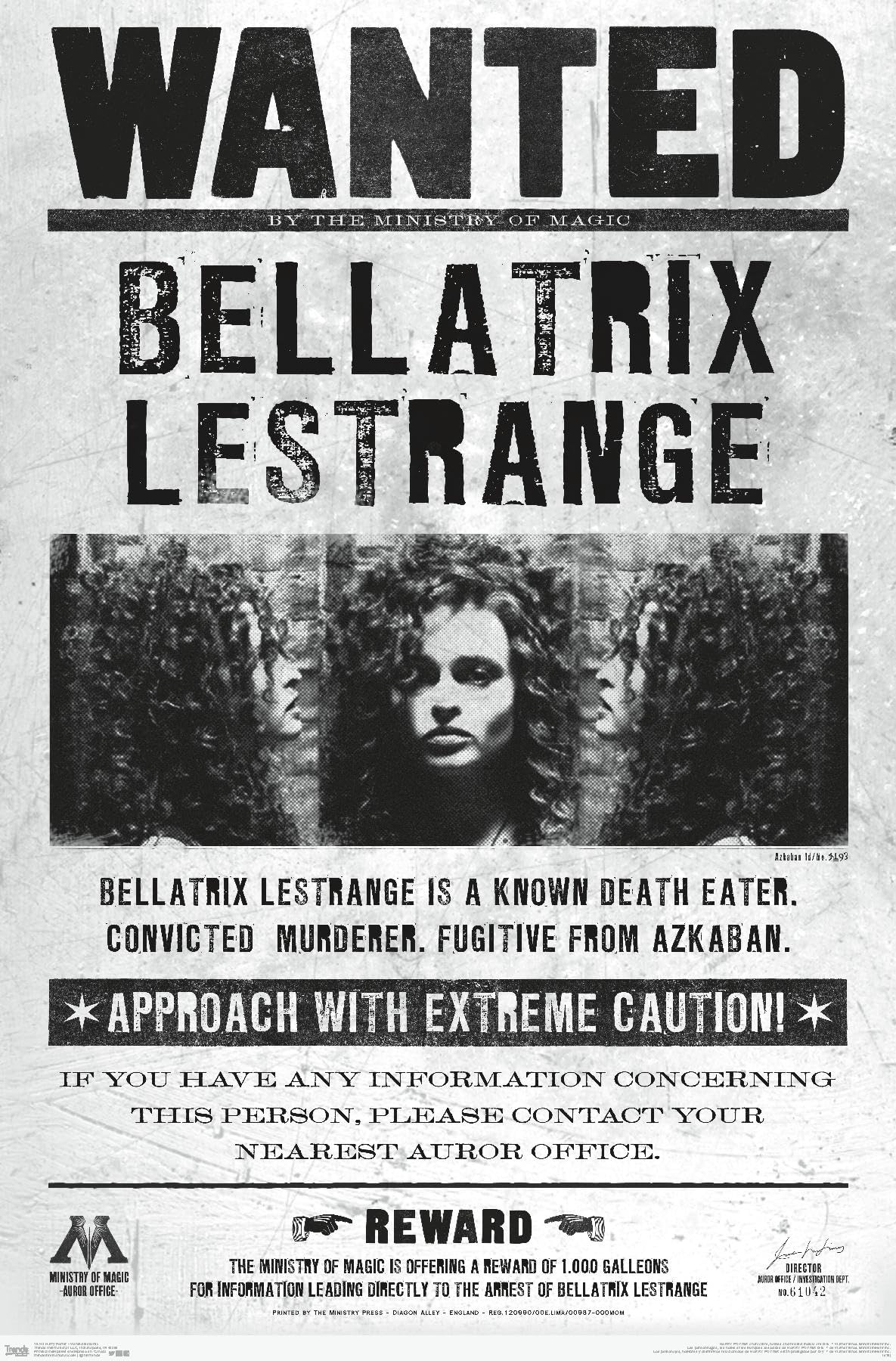 Trends International The Wizarding World: Harry Potter - Bellatrix Wanted Poster Wall Poster, 14.725'' X 22.375'', Premium Unfra