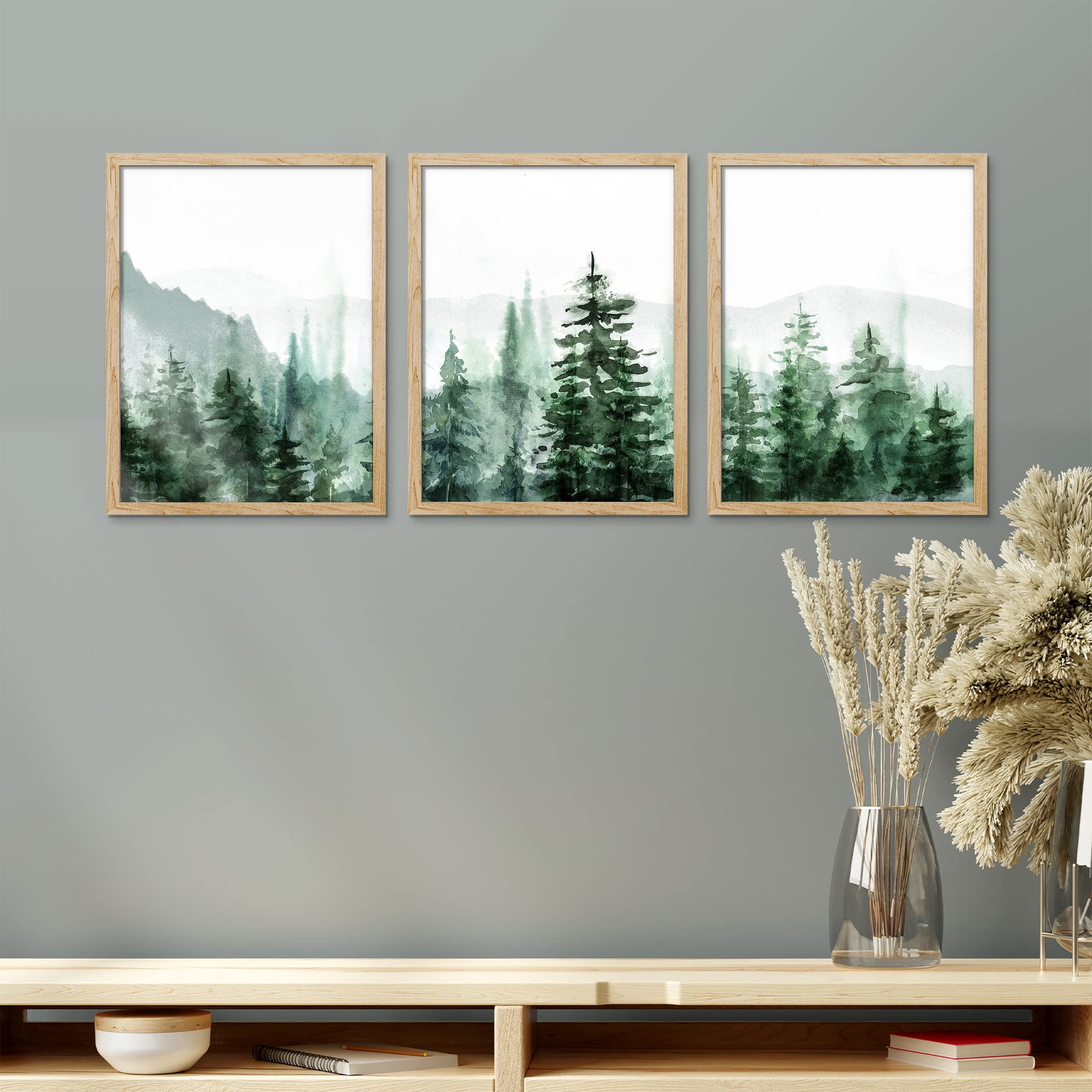 Signwin Framed Mountain Forest Wall Art, Set Of 3 Watercolor Pine Tree Wall Decor Prints, Nature Wilderness Wall D  Cor For Livi