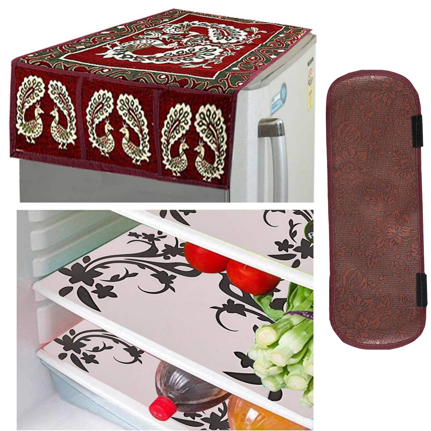 Kuber Industries Cloth 3 Pieces Fridge Mat, 1 Piece Handle Cover And 1 Pieces Fridge Top Cover (Red)-Ctktc2786