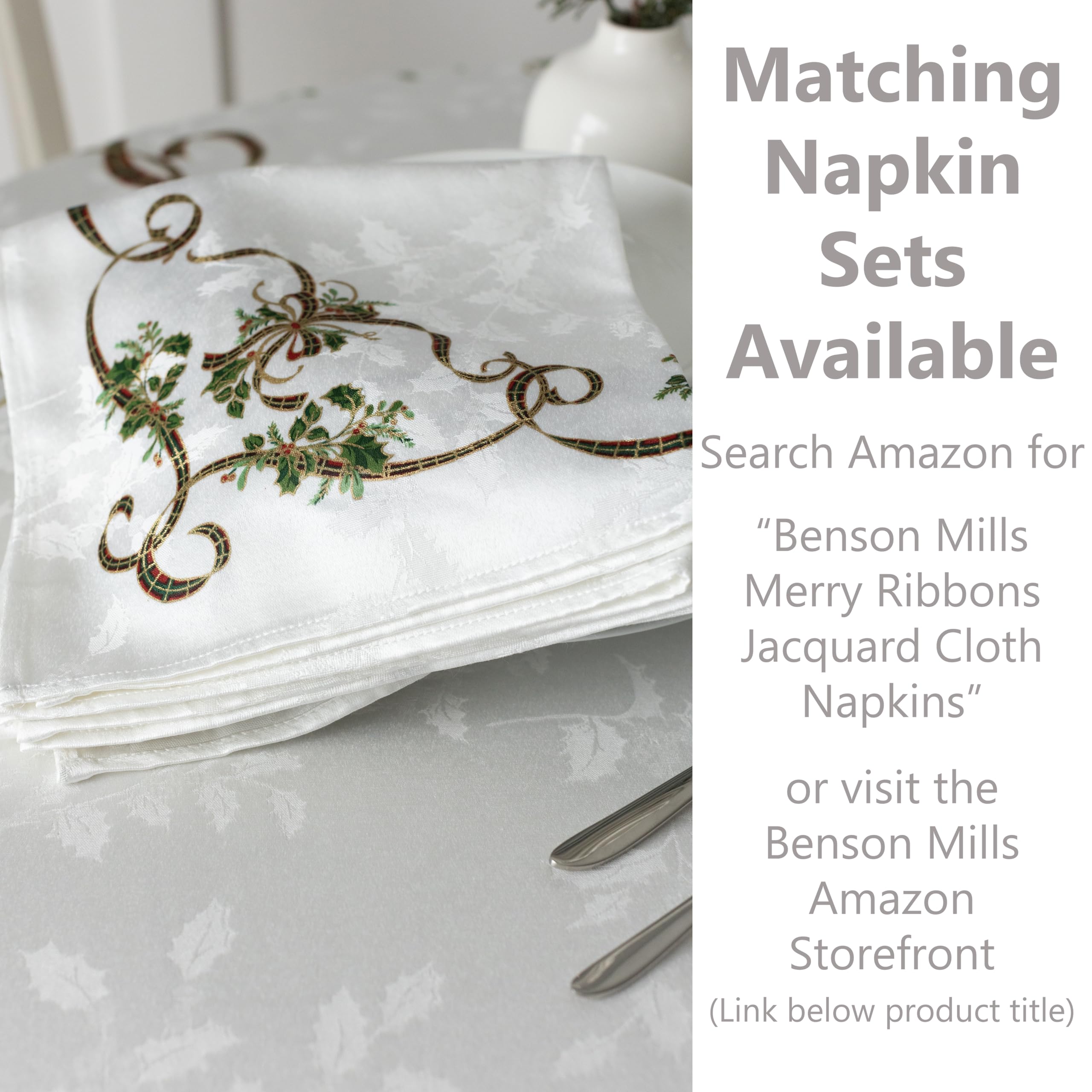 Benson Mills Merry Ribbons Engineered Printed Jacquard Fabric Christmas Table Cloth  Elegant Christmas Tablecloth for All Holiday and Winter (60'' x 84'' Rectangular)