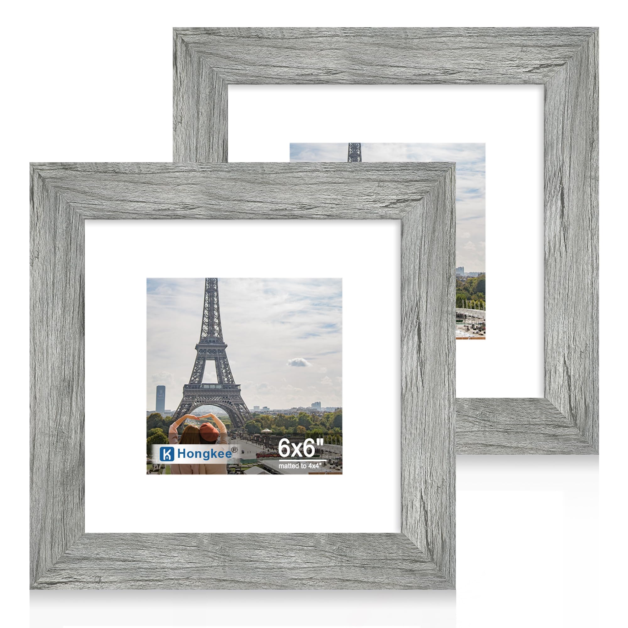 Hongkee 6x6 Picture Frame Set of 2, Made of Real Glass and Grey Wooden Frame - Display Square 4x4 with Mat or 6x6 Without Mat, 6