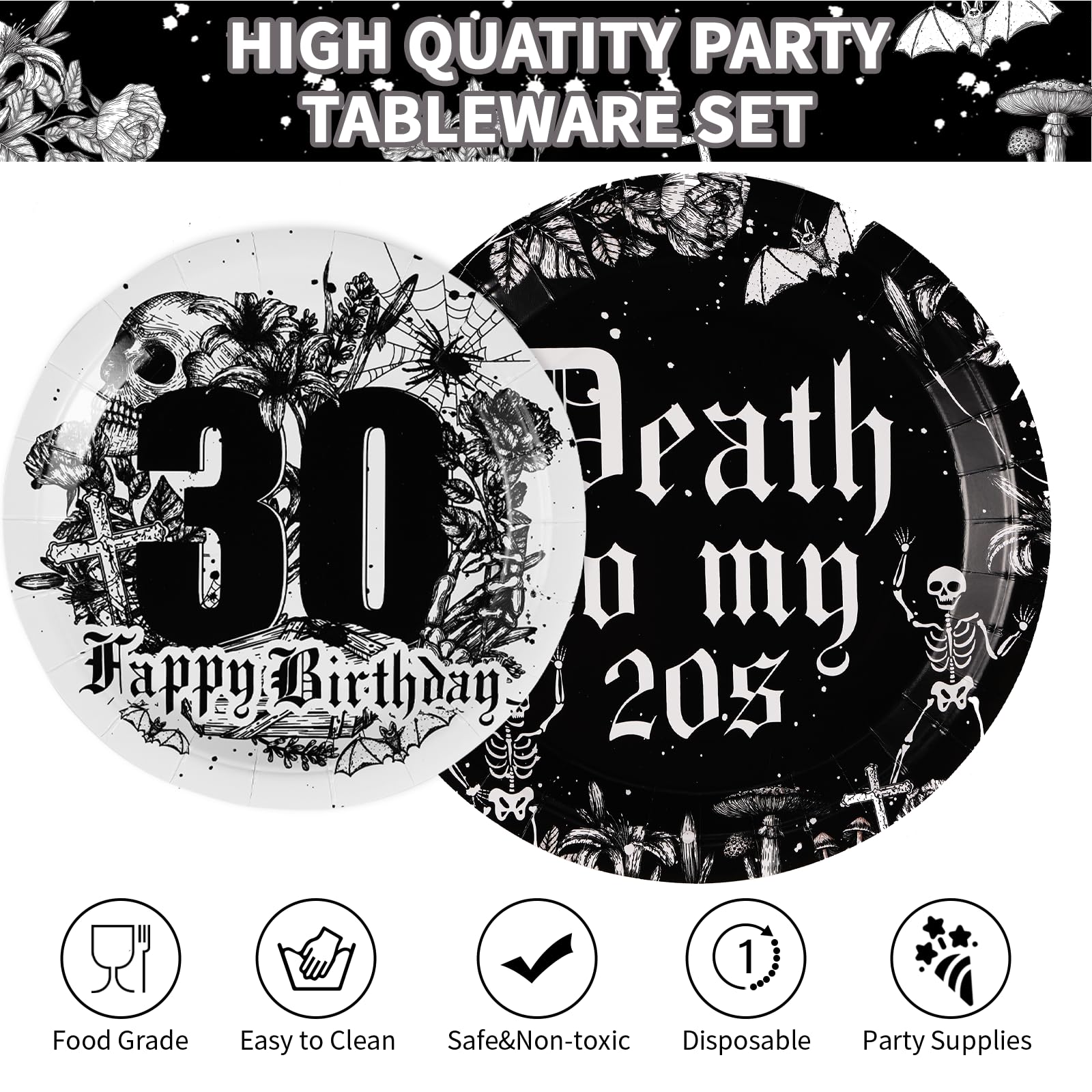 96Pcs 30Th Birthday Party Supplies Death To My 20S Plates Napkins Forks Tableware Set Disposable 350Gsm Black Rip To My 20S Part