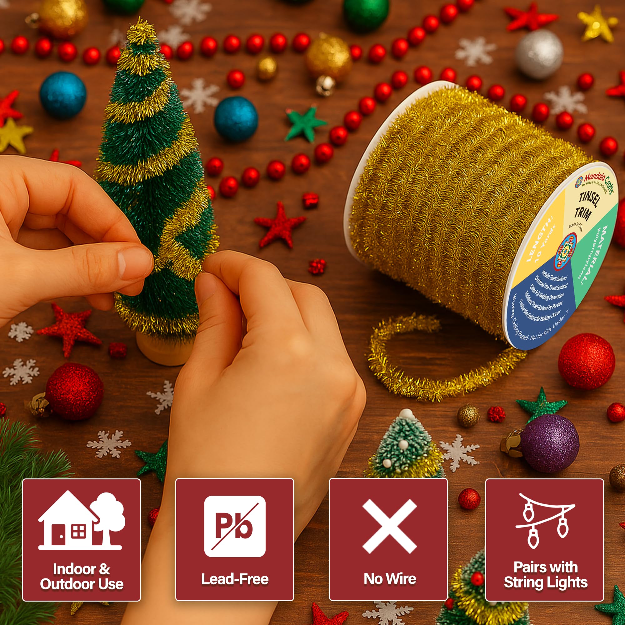 Mandala Crafts Red Tinsel Garland - 30 Feet Thin Metallic Foil Glitter Mini Garland for Christmas Tree, Party, Wedding Decor, an