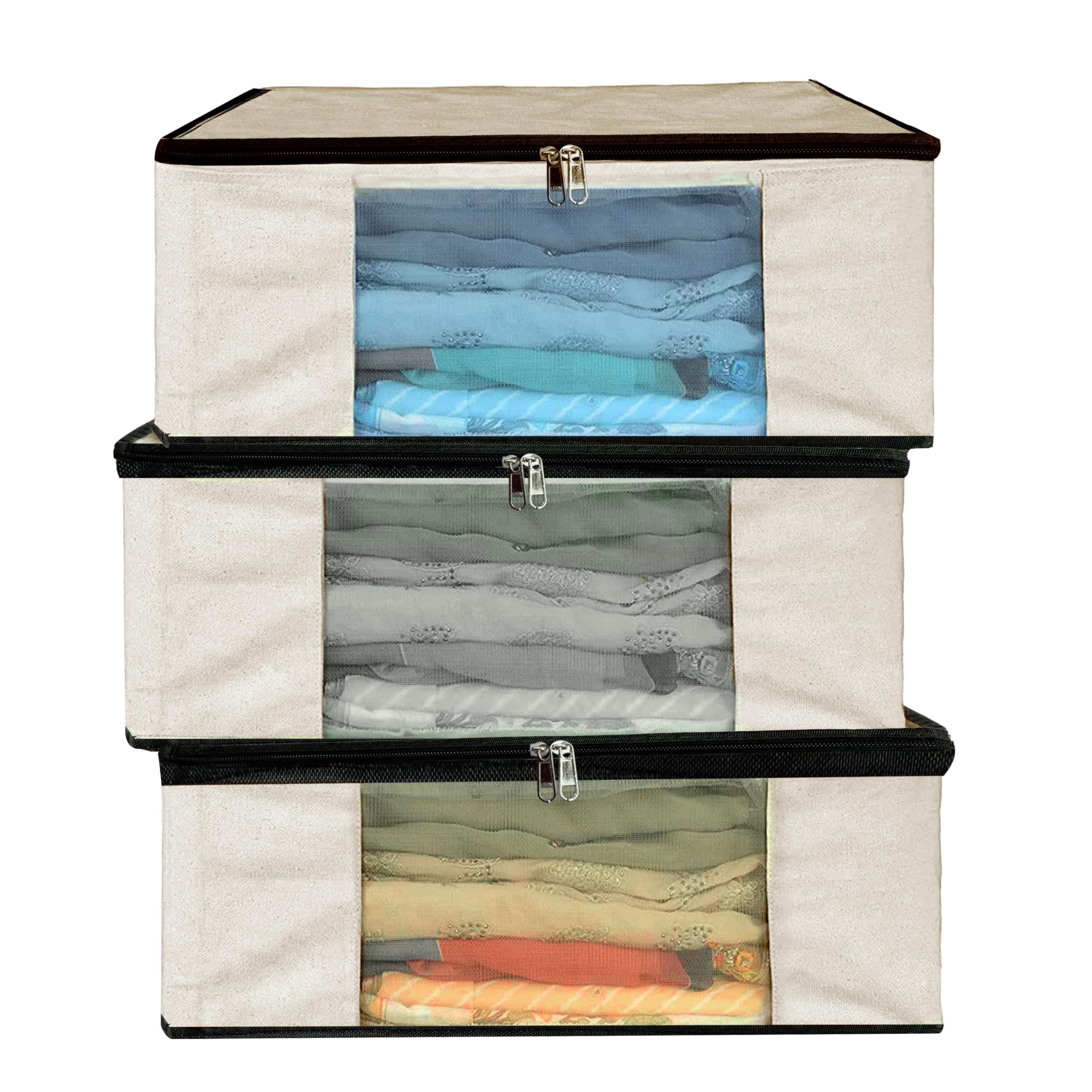 Storite 3 Pack Cotton Canvas Clothes Storage Bags/Saree Bags Covers With Zip For Storage Specially Design For Woman Dresses, Sar