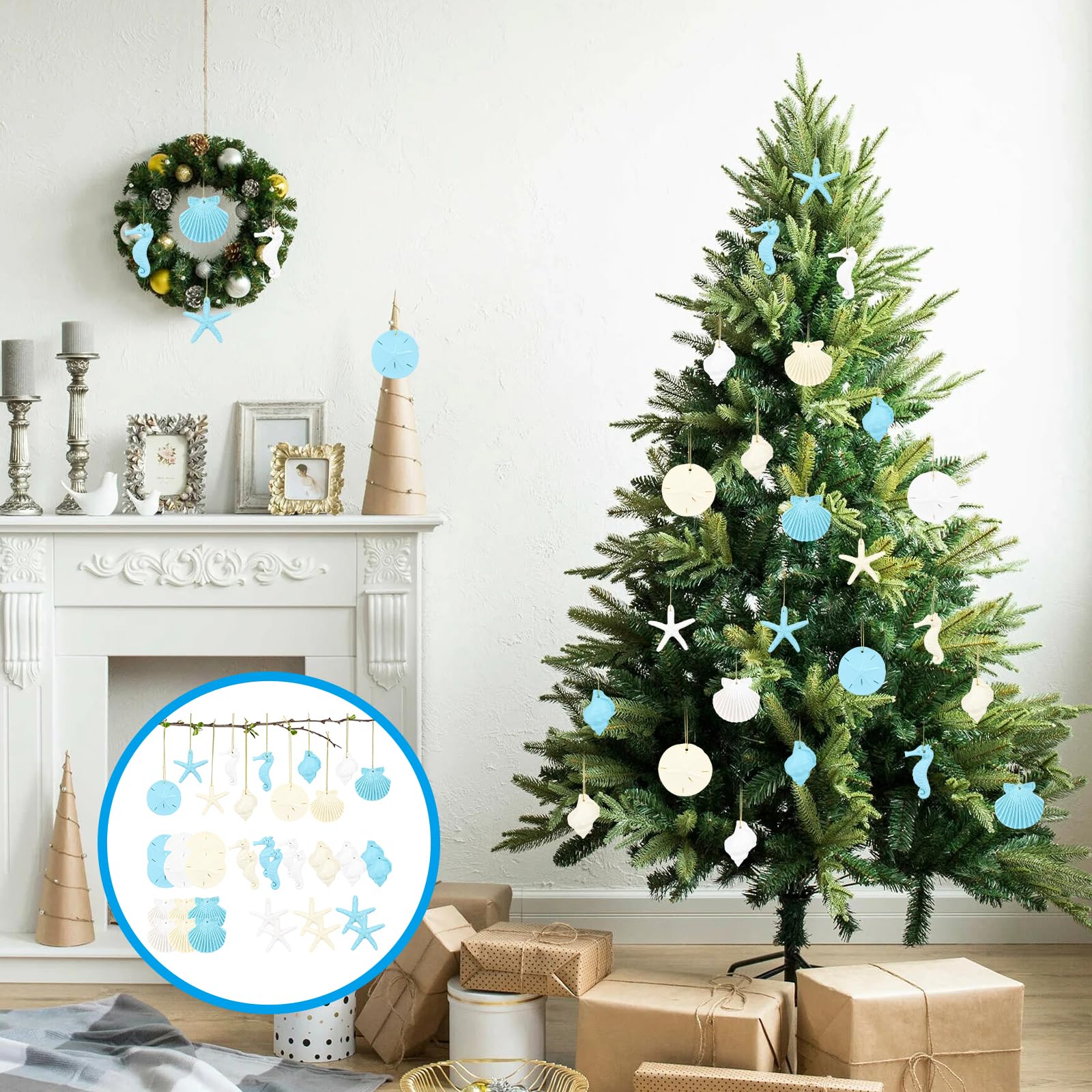 30 Pieces Resin Starfish Seahorse Sanddollar Conch & Seashells Set with Rope for Christmas Tree Hanging Ornaments Beach Theme We