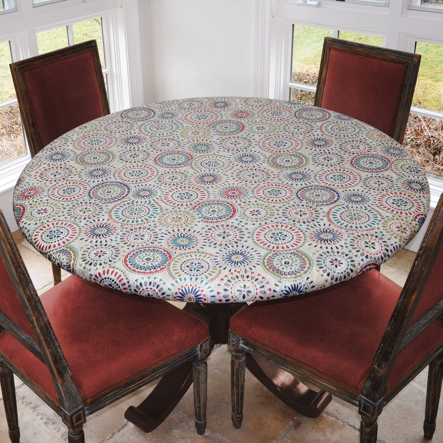 Covers For The Home Deluxe Elastic Edged Flannel Backed Vinyl Fitted Table Cover - Medallion Pattern - Small Round - Fits Tables