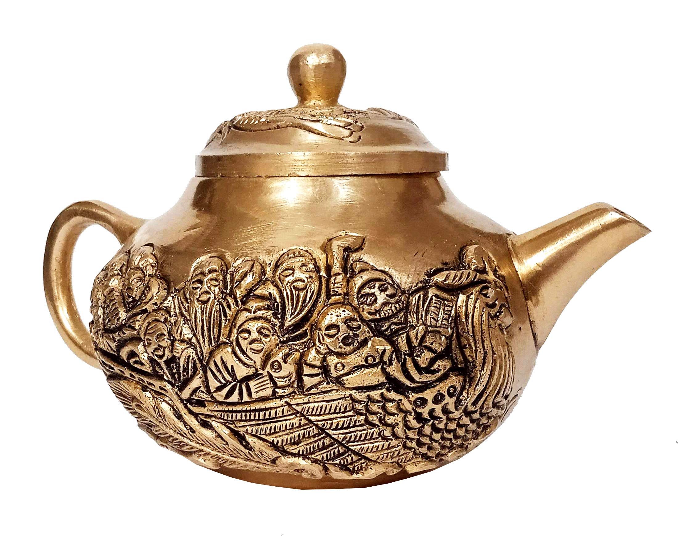 Purpledip Brass Decorative Kettle Teapot: Travelling Monks In Chinese Boat (12261)