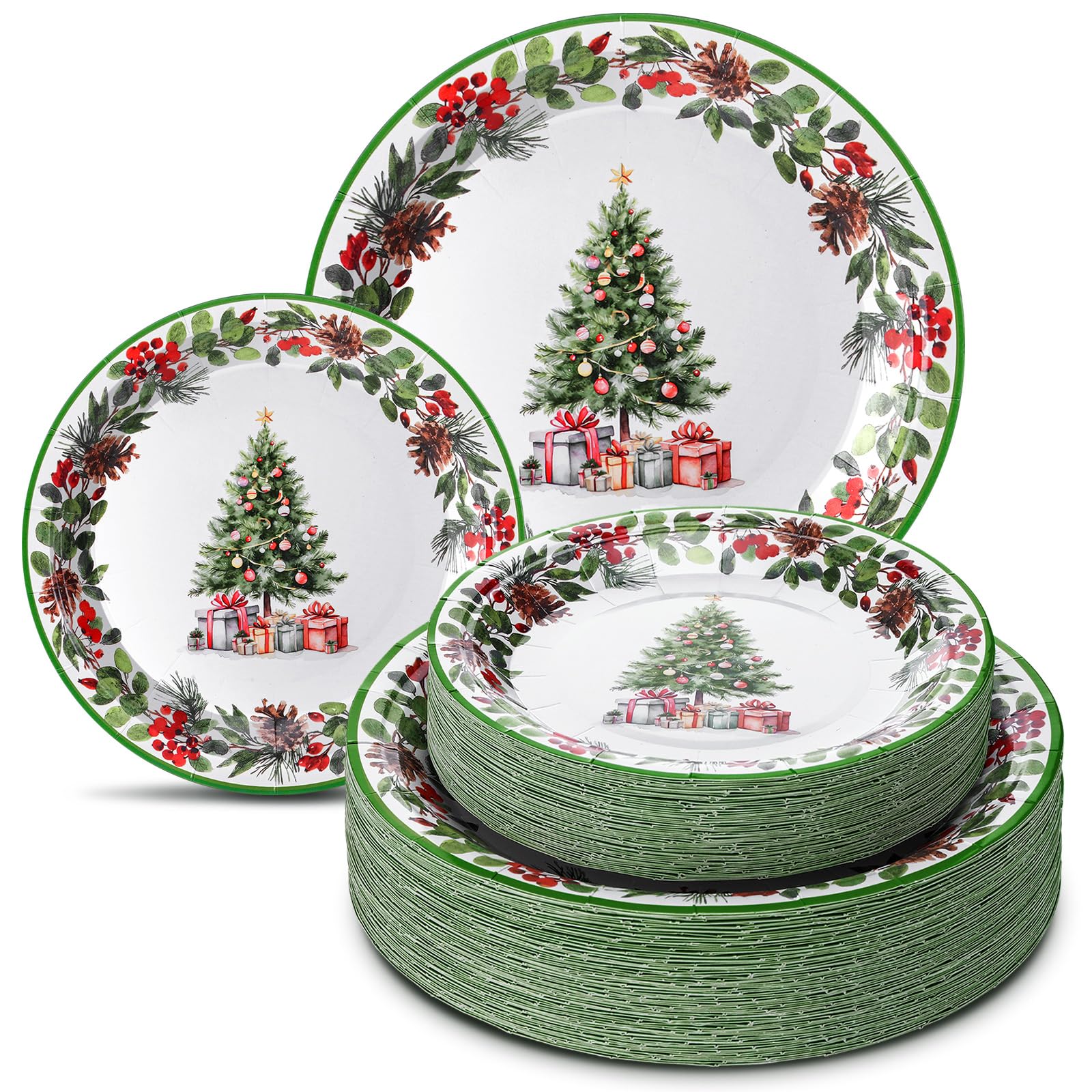 Suclain 100 Pcs Christmas Party Plates Decorations Xmas Tree Collection Disposable Paper Berry Wreath Plates Set for Christmas H